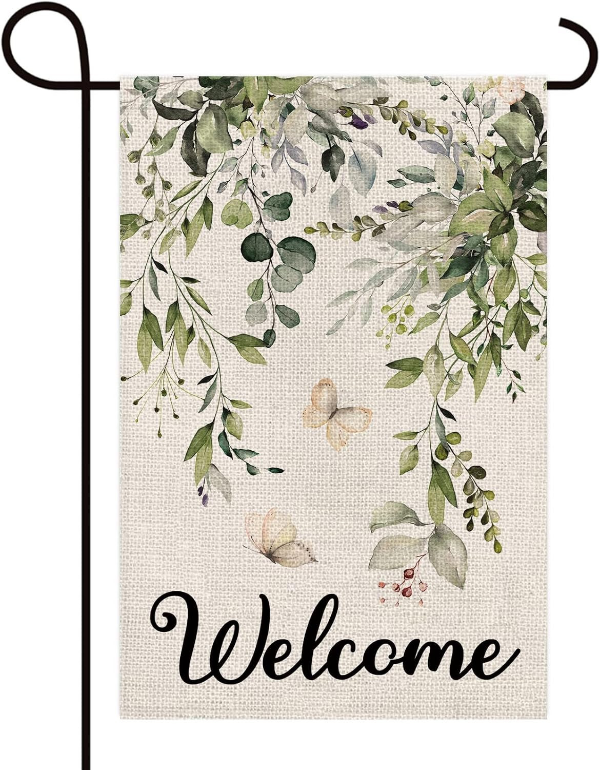 Welcome Green Plants Floral Butterfly Decoration Double Sided Burlap Garden Flag