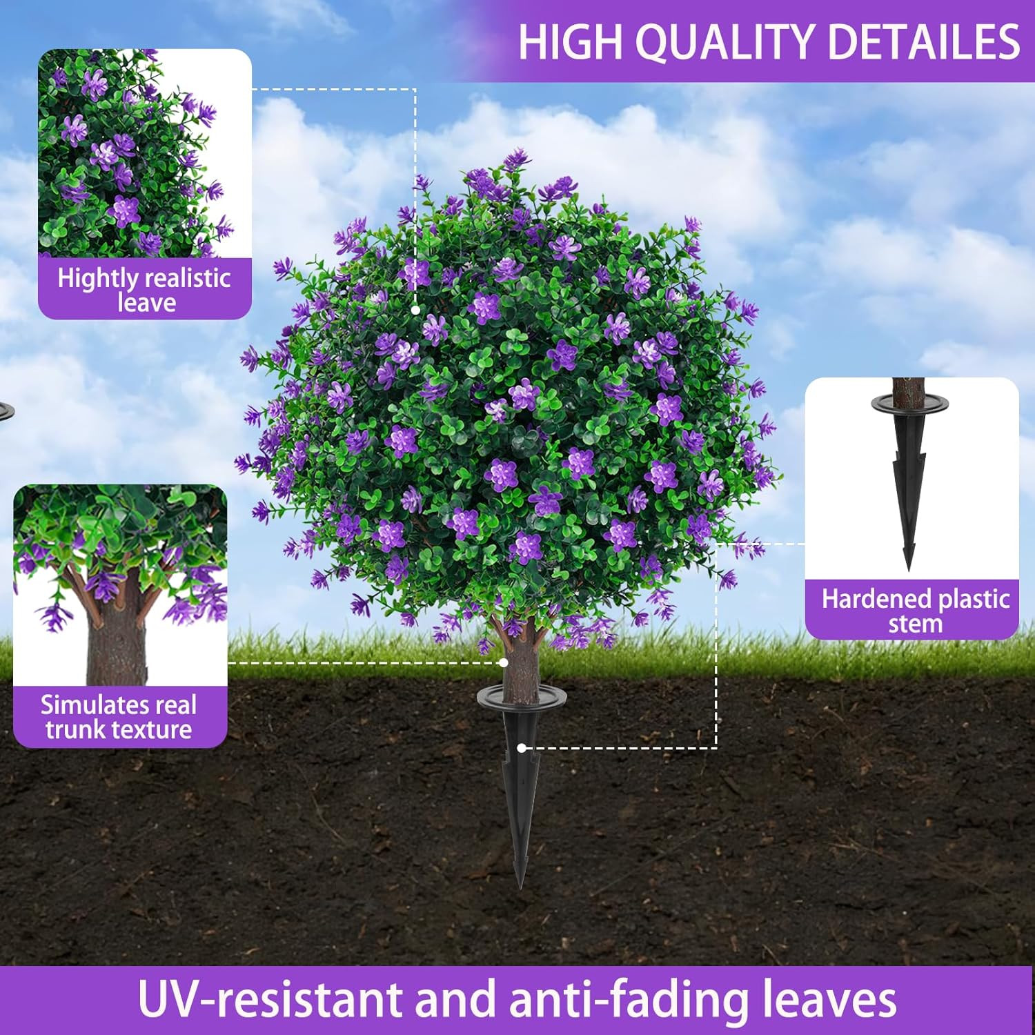 UV Resistant Artificial Purple Flower Topiary Ball Trees – 2 Pack, 16