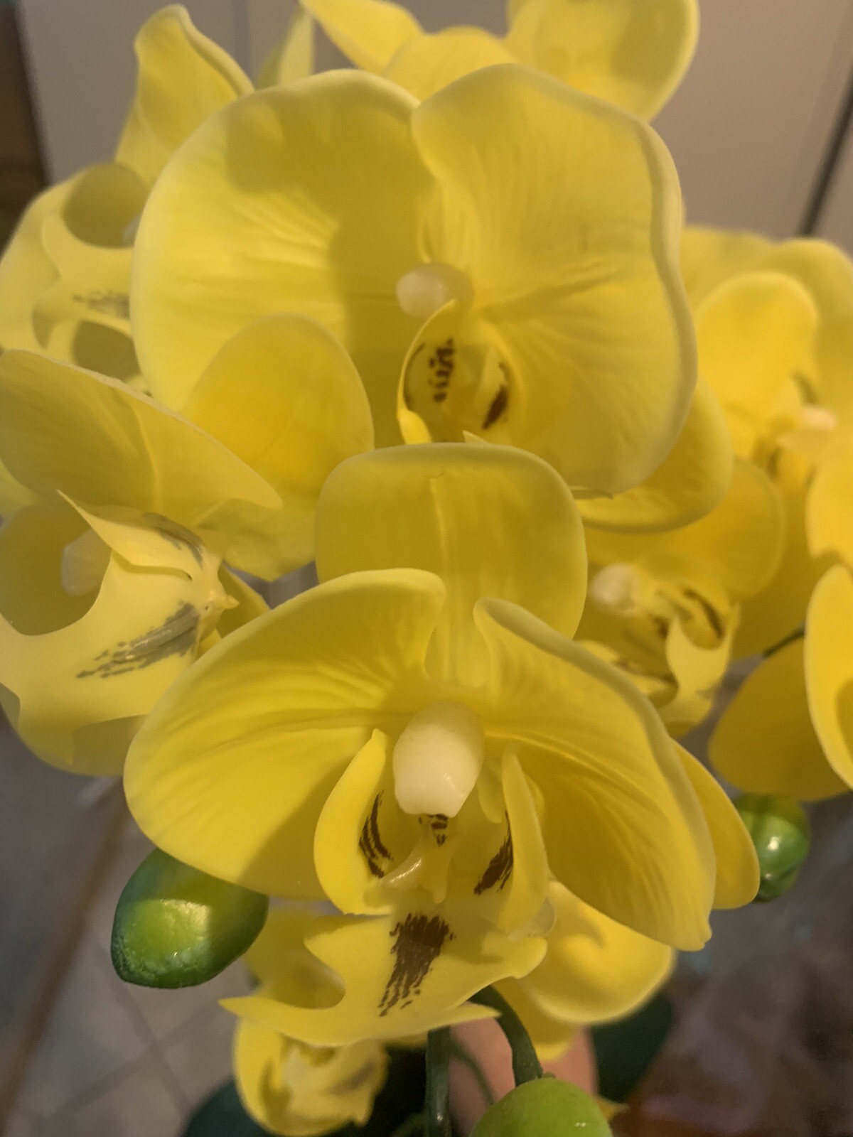 Faux Orchid Yellow In White Ceramic Vase 27.5” Tall X 15” Wide Decorative