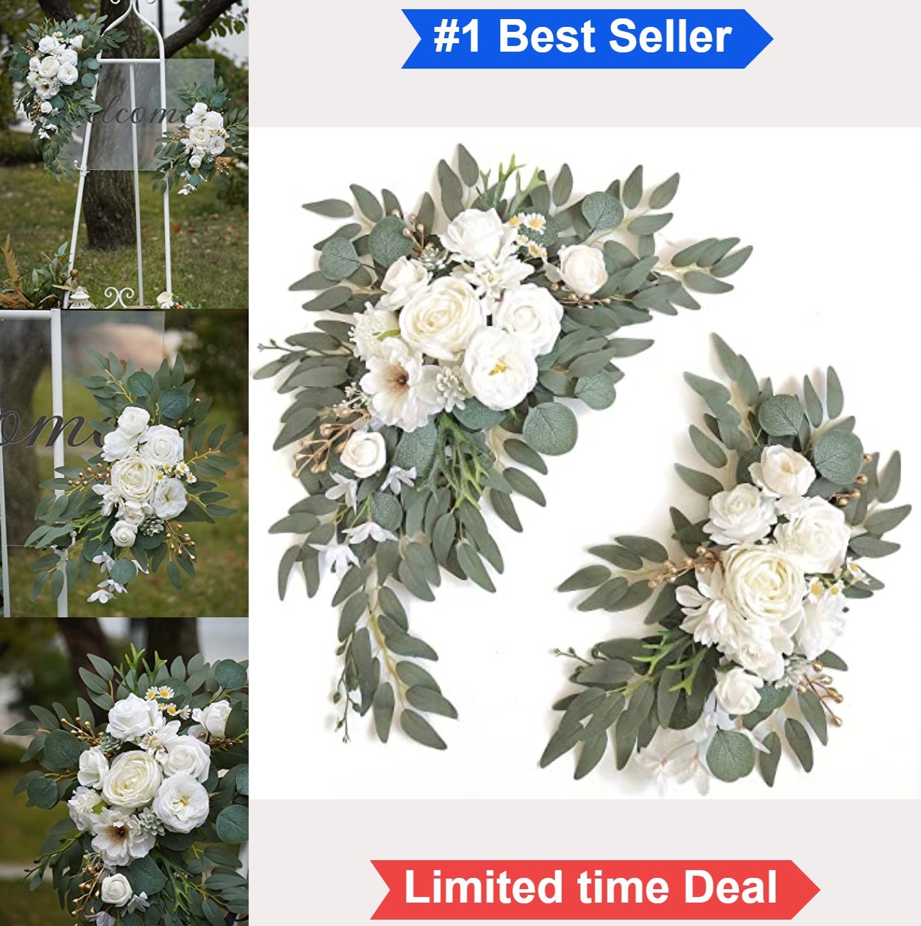 Faux Arch Flower Swag Set of 2 White Wedding Sign Decor Floral Silk Foam 26 Inch