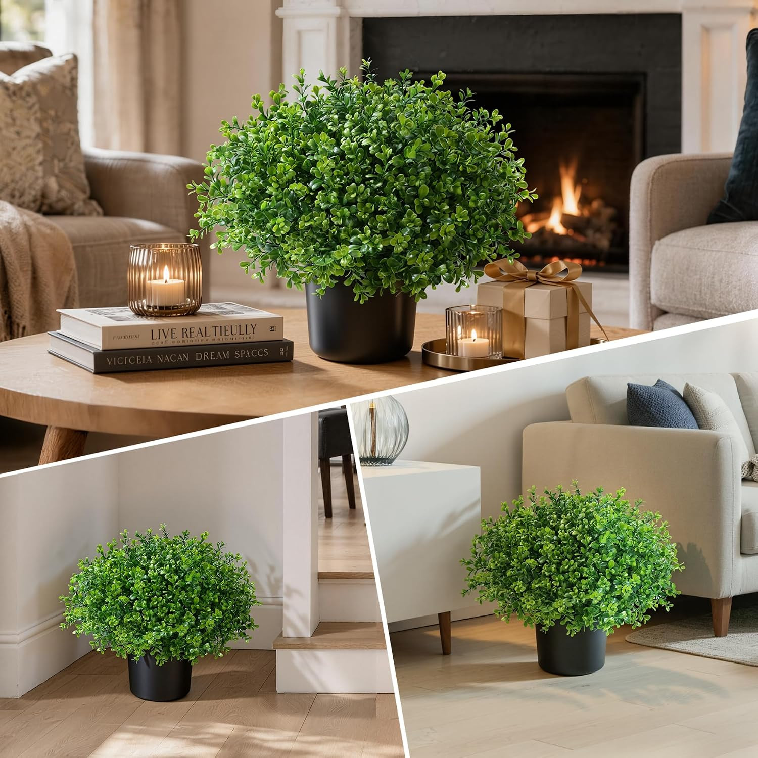 Fake Plants Artificial Plants Outdoor for Front Door Decor, 2 Pack Boxwood Fake