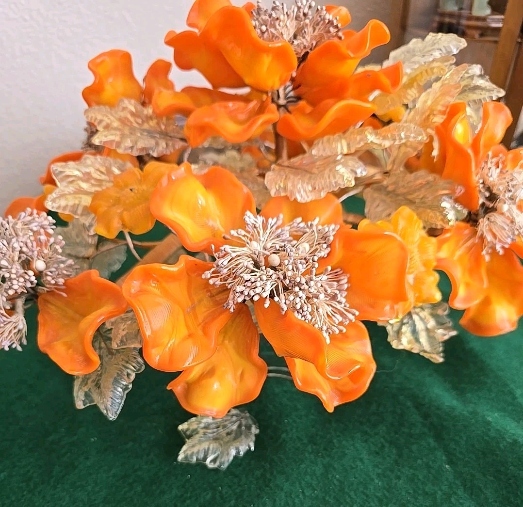 Art Glass Orange Flower Arrangement Peony Bonsai Tree Centerpiece Murano? Italy