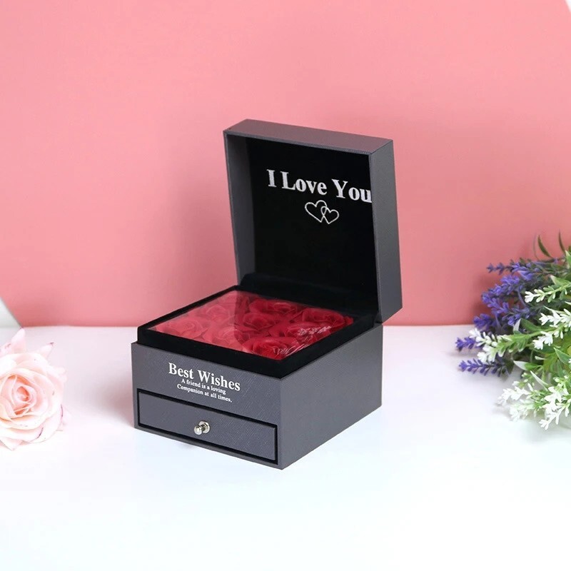 Preserved Eternal Real Rose Flower Gift Box With 14K Gold Plated Necklace silver