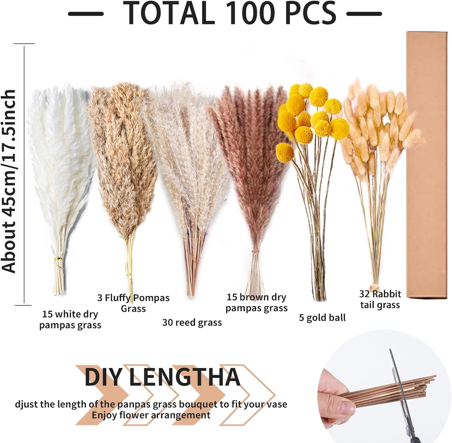 100PCS Natural Dried Pampas Grass Decor – 17.5″ Fluffy Pampas Grass Bouquet -…