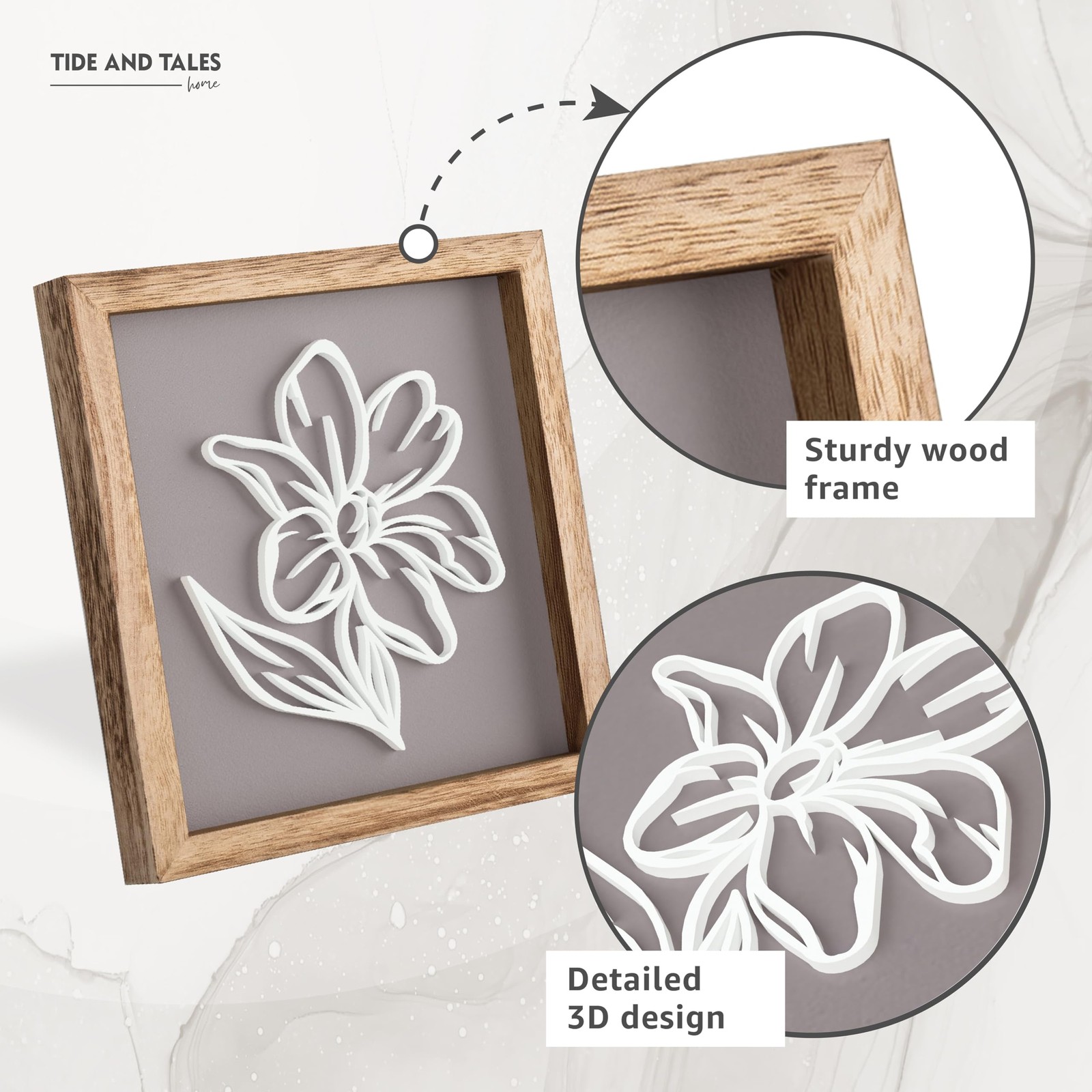 Tide and Tales 3D Botanical Floral Wall Art (Framed Set 7″ x 7″, Stone & Clay