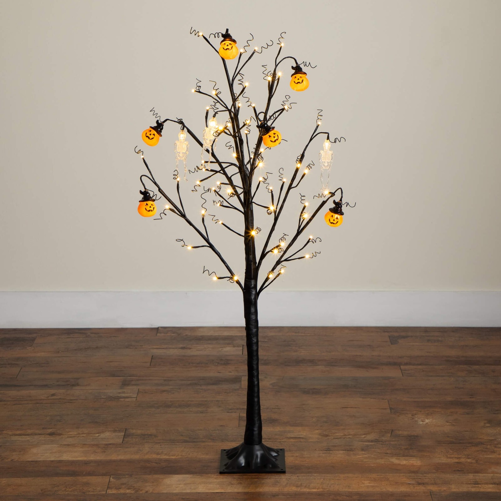 Nearly Natural 4ft Pre-Lit Halloween Pumpkins & Skulls Ornament Tree w/ 64 LED