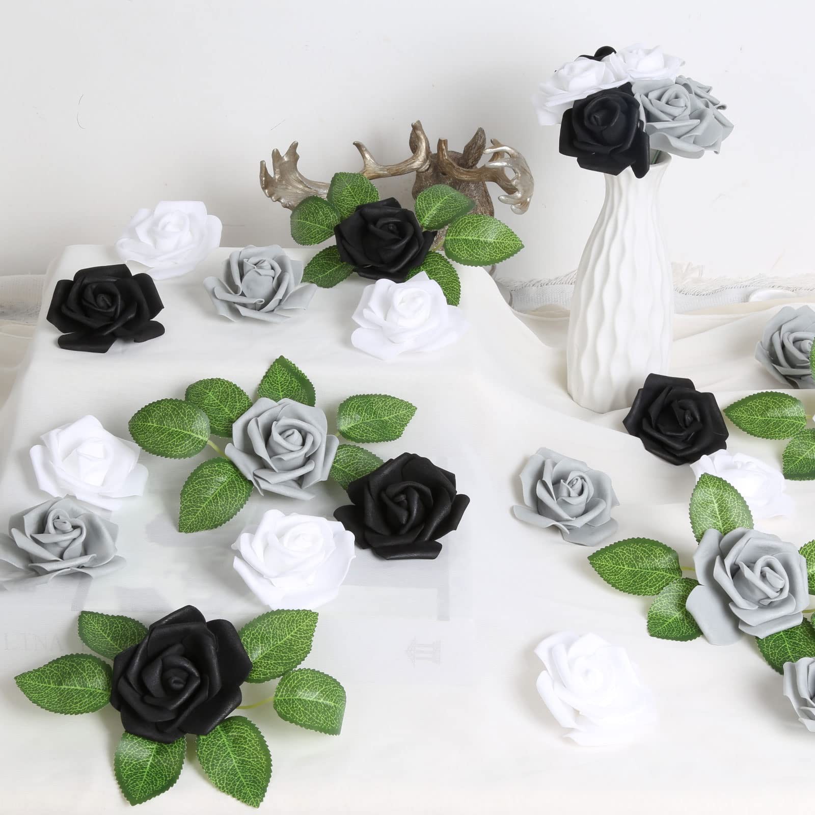 100pcs Black Roses Artificial Flowers,3inch White Foam Fake Rose Heads Stemle…