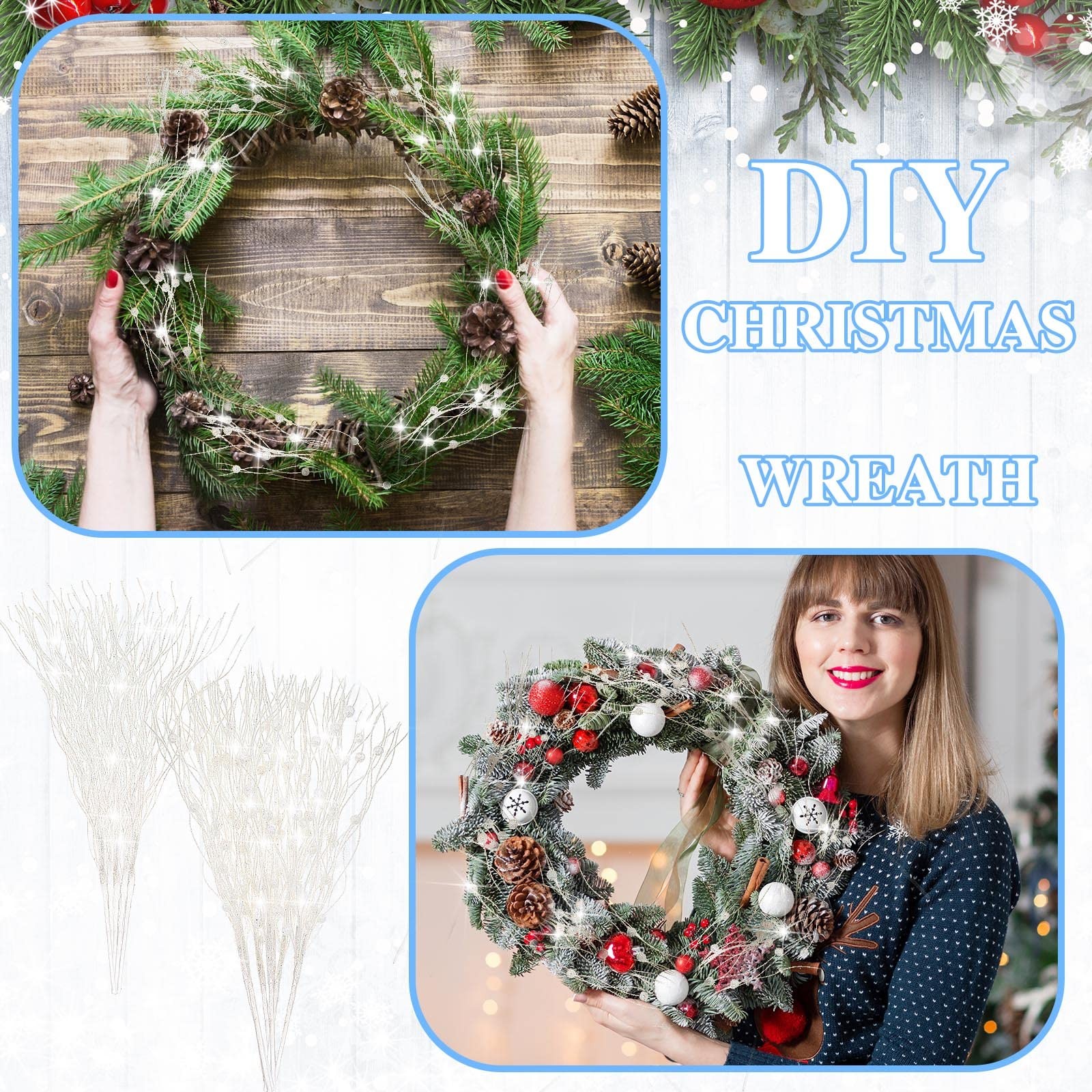 24 Pcs Christmas Artificial Glitter Stem Ornament 17 Inch Fake Picks Branches…