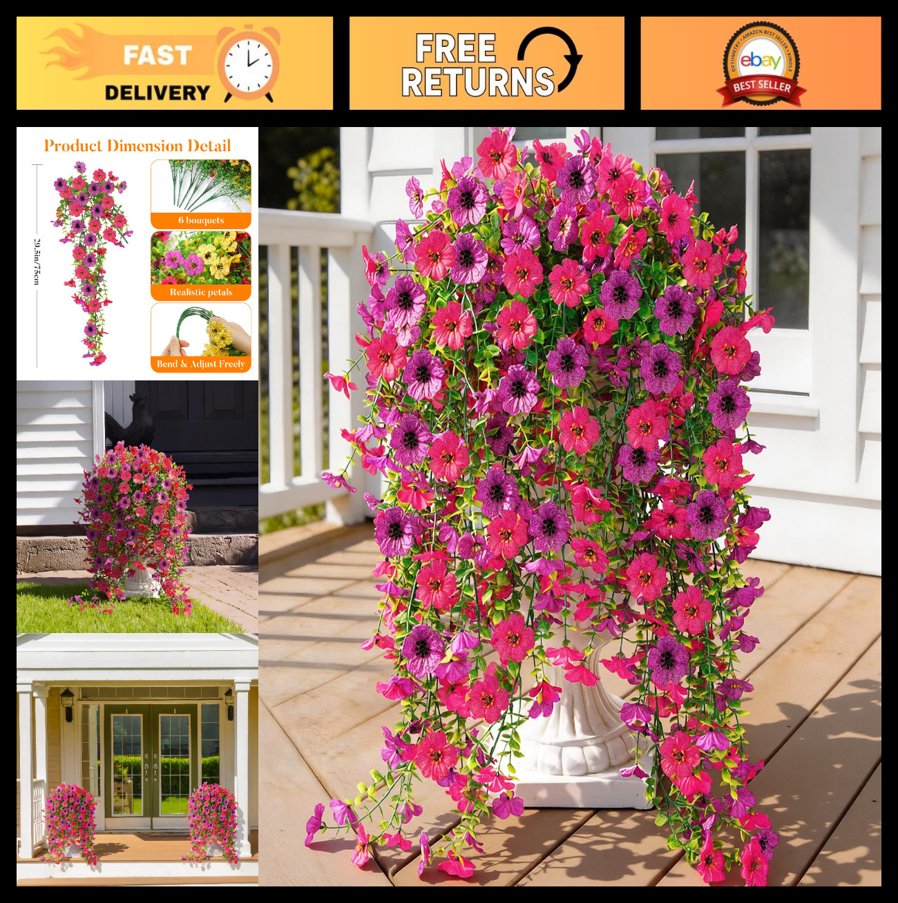 6 Bundles UV Resistant Faux Silk Hanging Flowers for Outdoor Indoor Decor, Garde