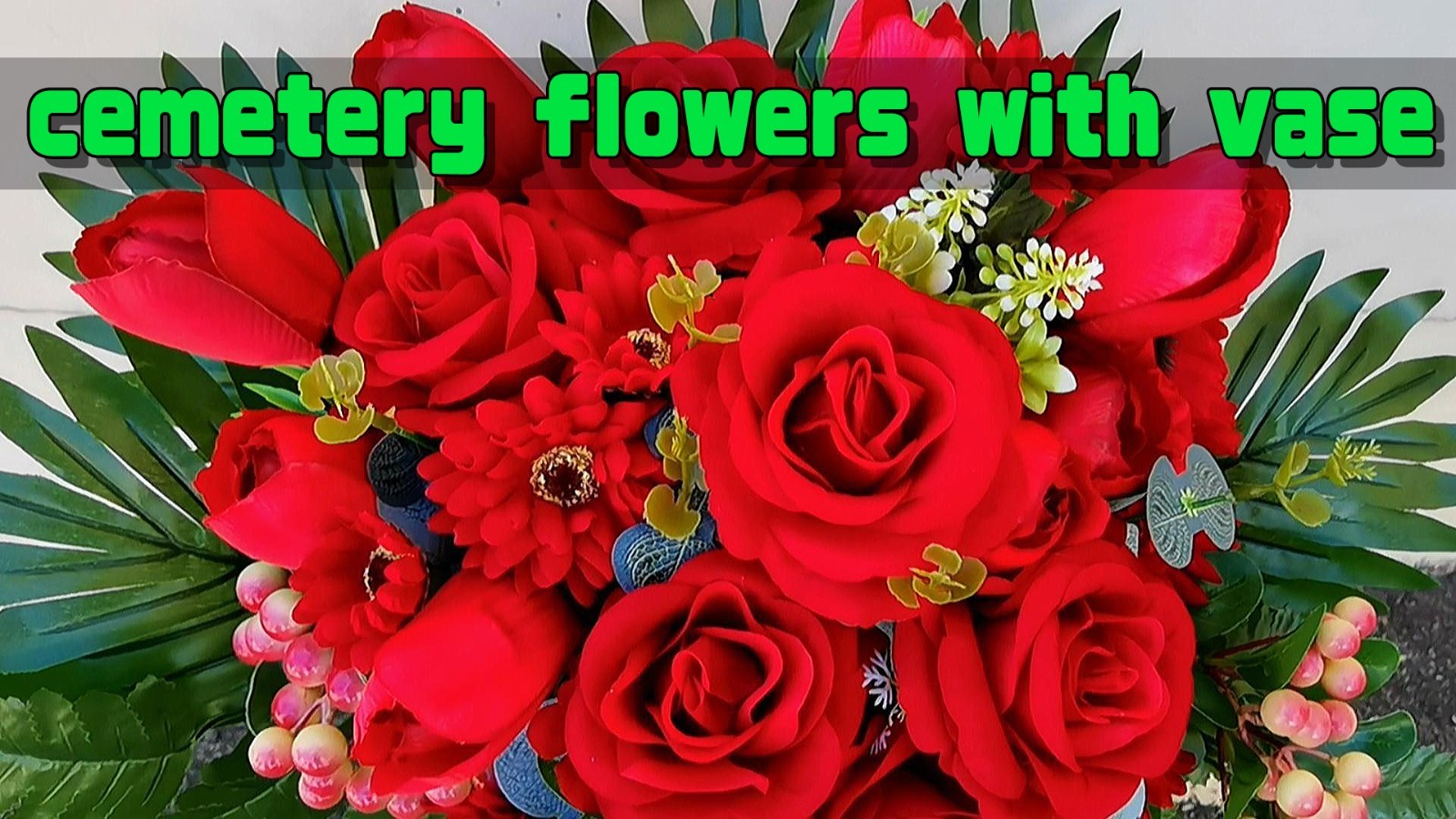 Artificial Cemetery Flowers with Vase – Realistic Red Roses & Tulips for Graves,