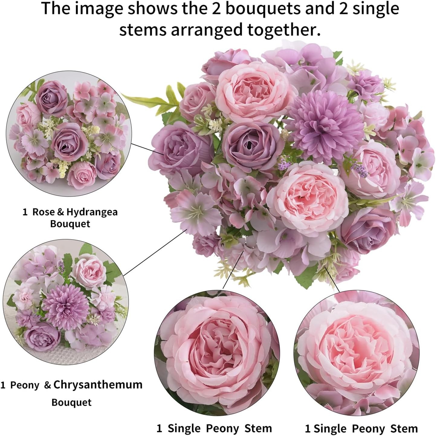 4 Pcs Mixed Artificial Peony Flowers Set-2 Bouquets & 2 Stems, Purple Fake Peony
