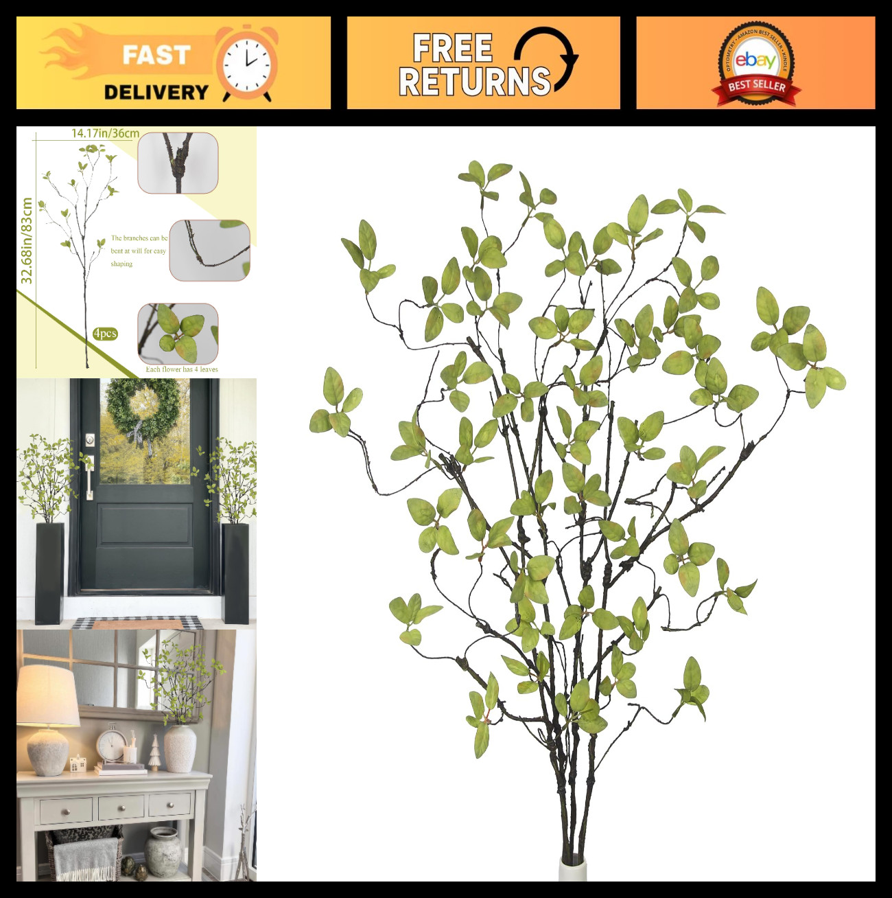 4 Pcs 32.7″ Faux Greenery Stems with Leaves – Artificial Ficus Twigs for Vases,