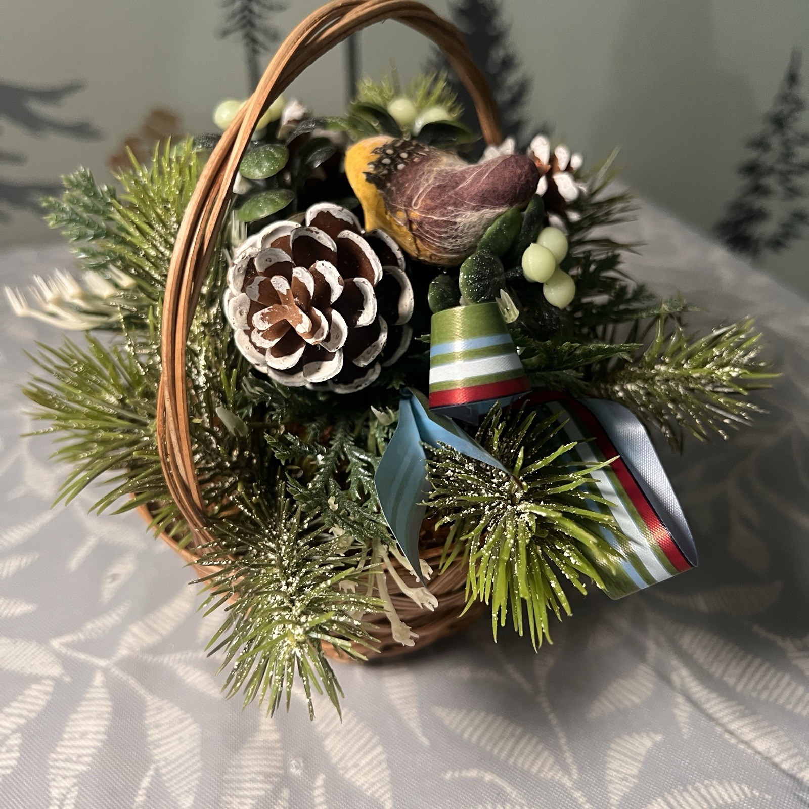 Festive Artificial Christmas Floral Arrangement In Small Round 6” Woven Basket