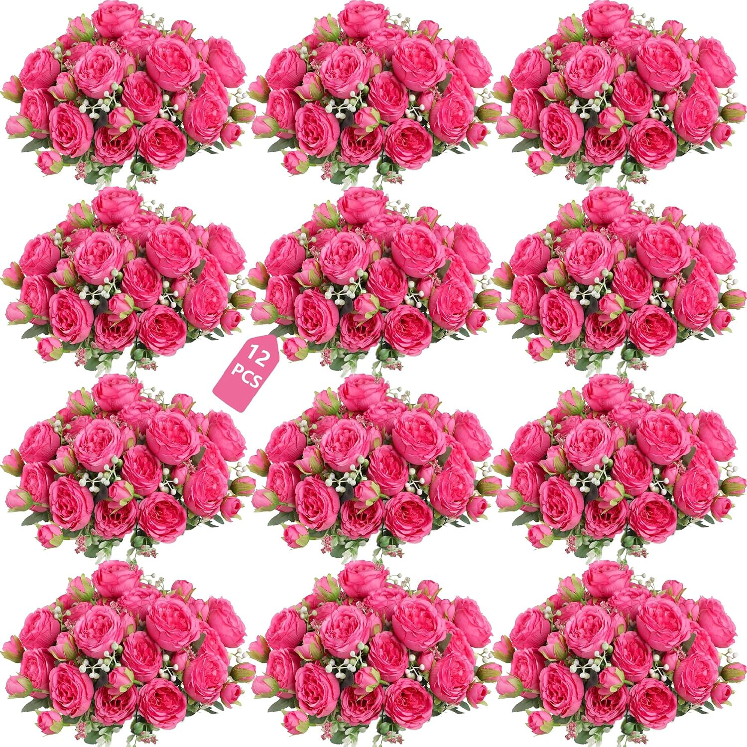 12 Bundles Peonies Artificial White Flowers Bouquet, Lifelike Silk Fake Peonies
