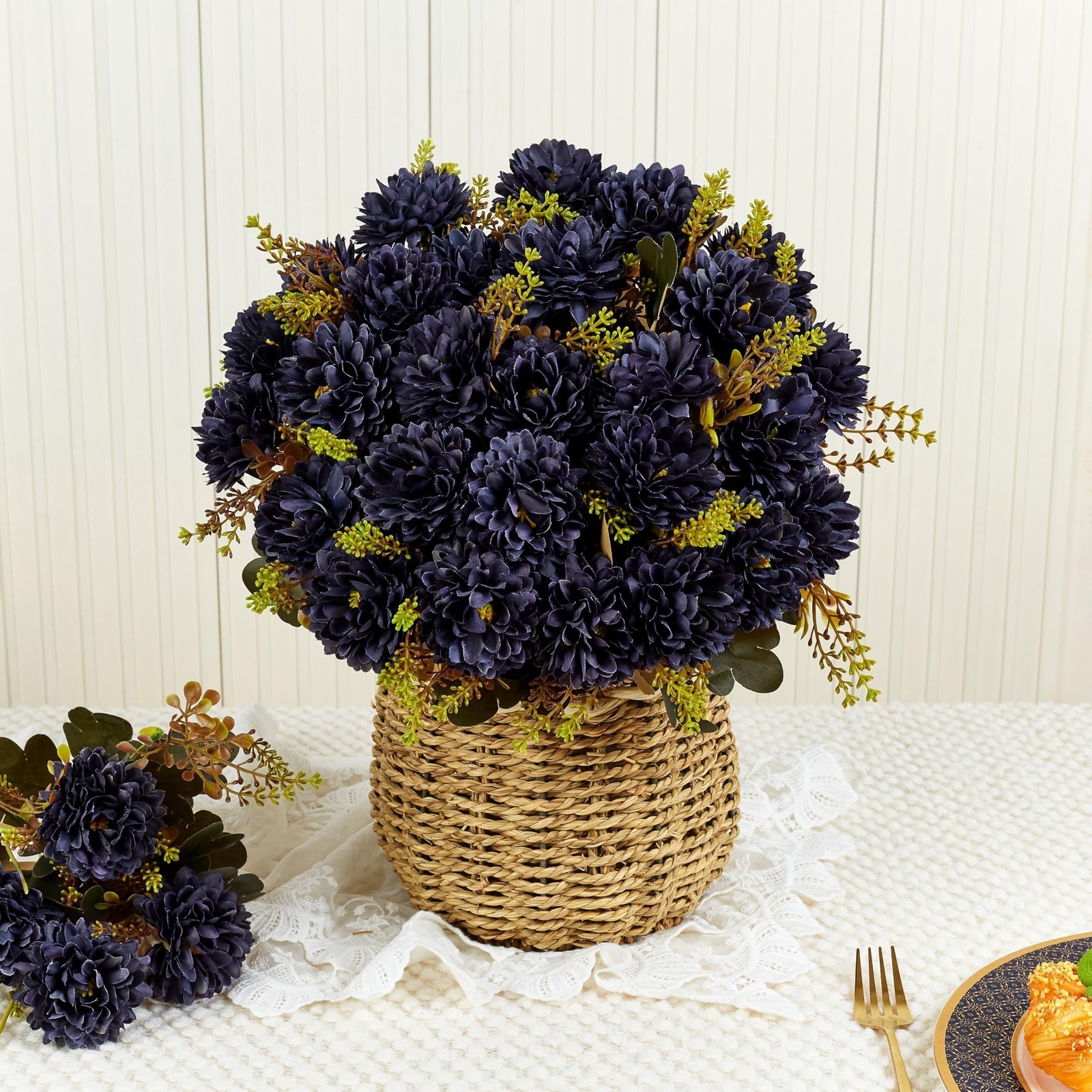 2 PCS 18 Heads Navy Blue Artificial Chrysanthemum Silk Fake Flowers Bouquet
