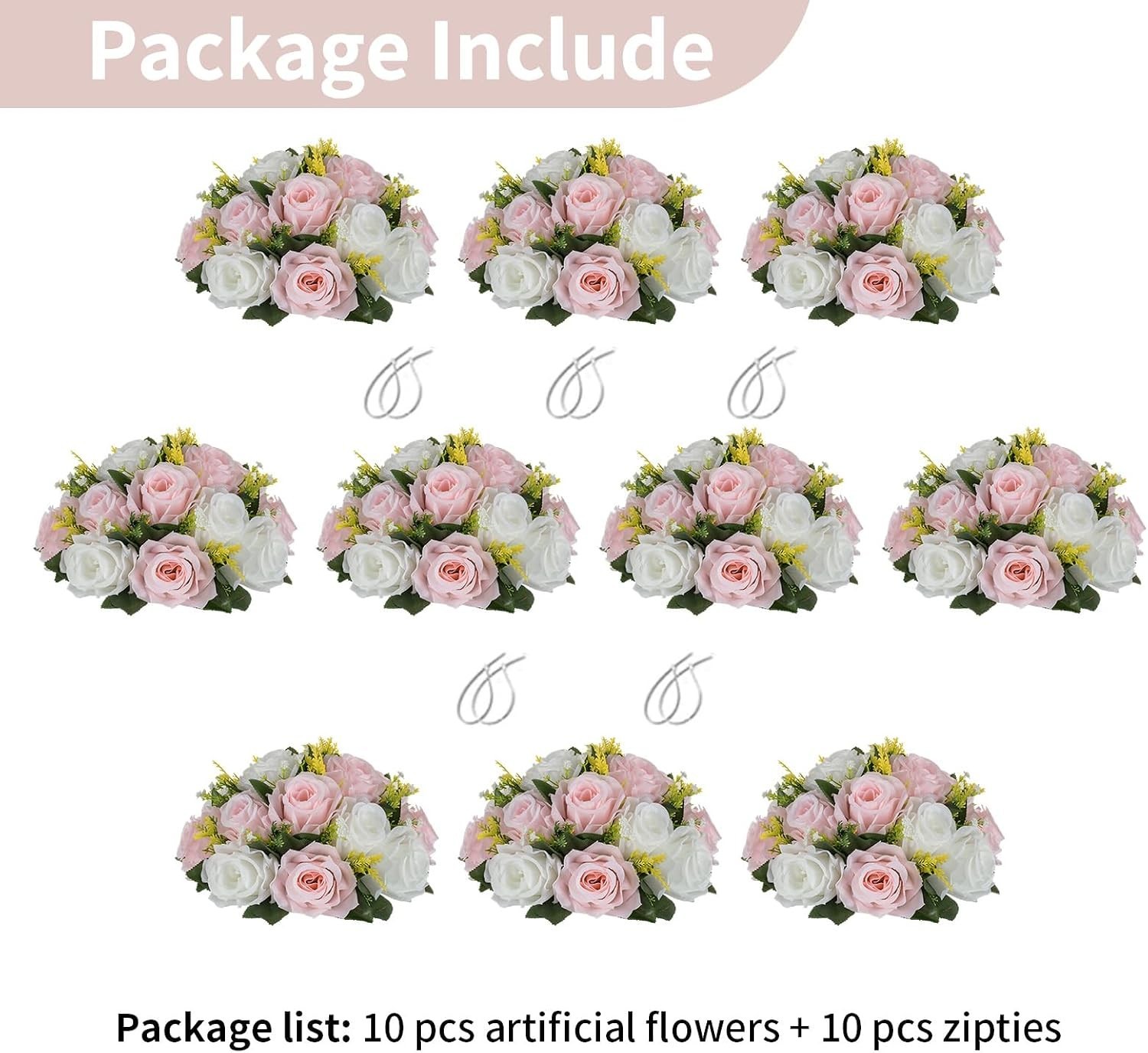Silk Rose Flower Balls – 10 Pcs 9.5″ Pink White Centerpieces, Ready-to-Use Decor