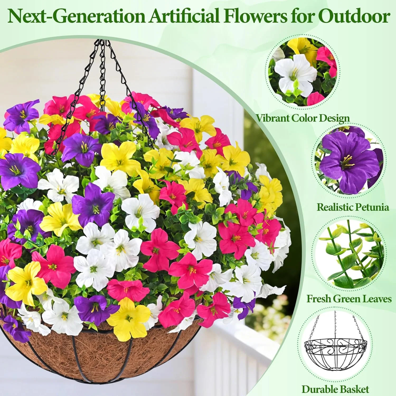 Realistic Artificial Hanging Flowers for Outdoors with Basket, 1 Set Large Size