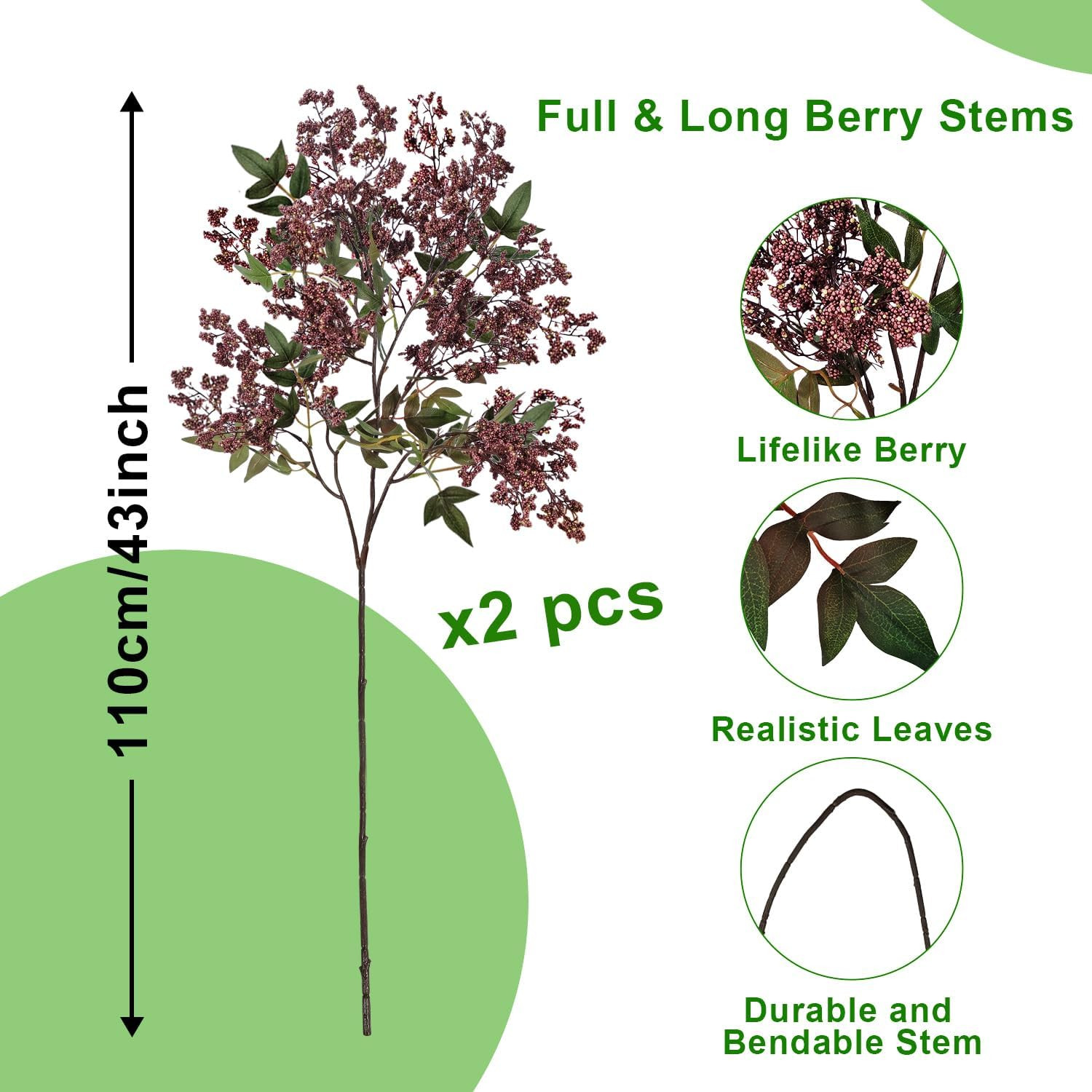 43 Inch Artificial Nandina Berry Stems for Vase, Realistic Fall Floral Stems Fau