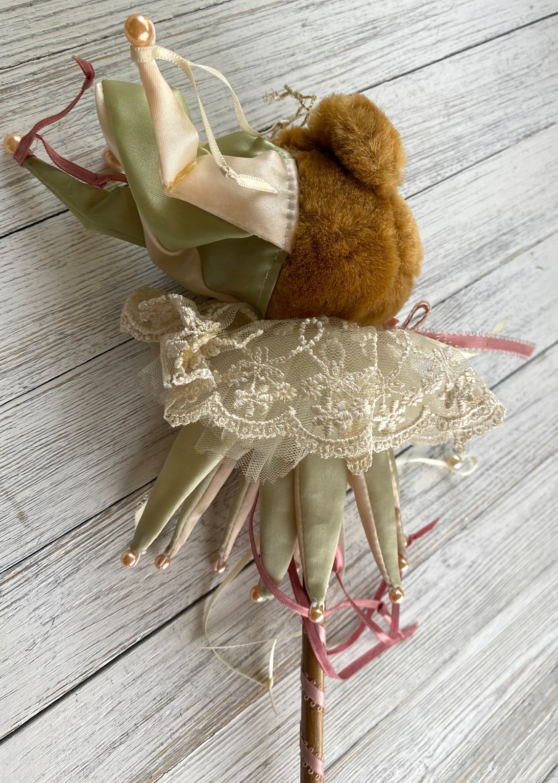 Fancy Teddy Bear with Ribbons, Lace, Flowers on a Stick ~ Unique Wall Decor
