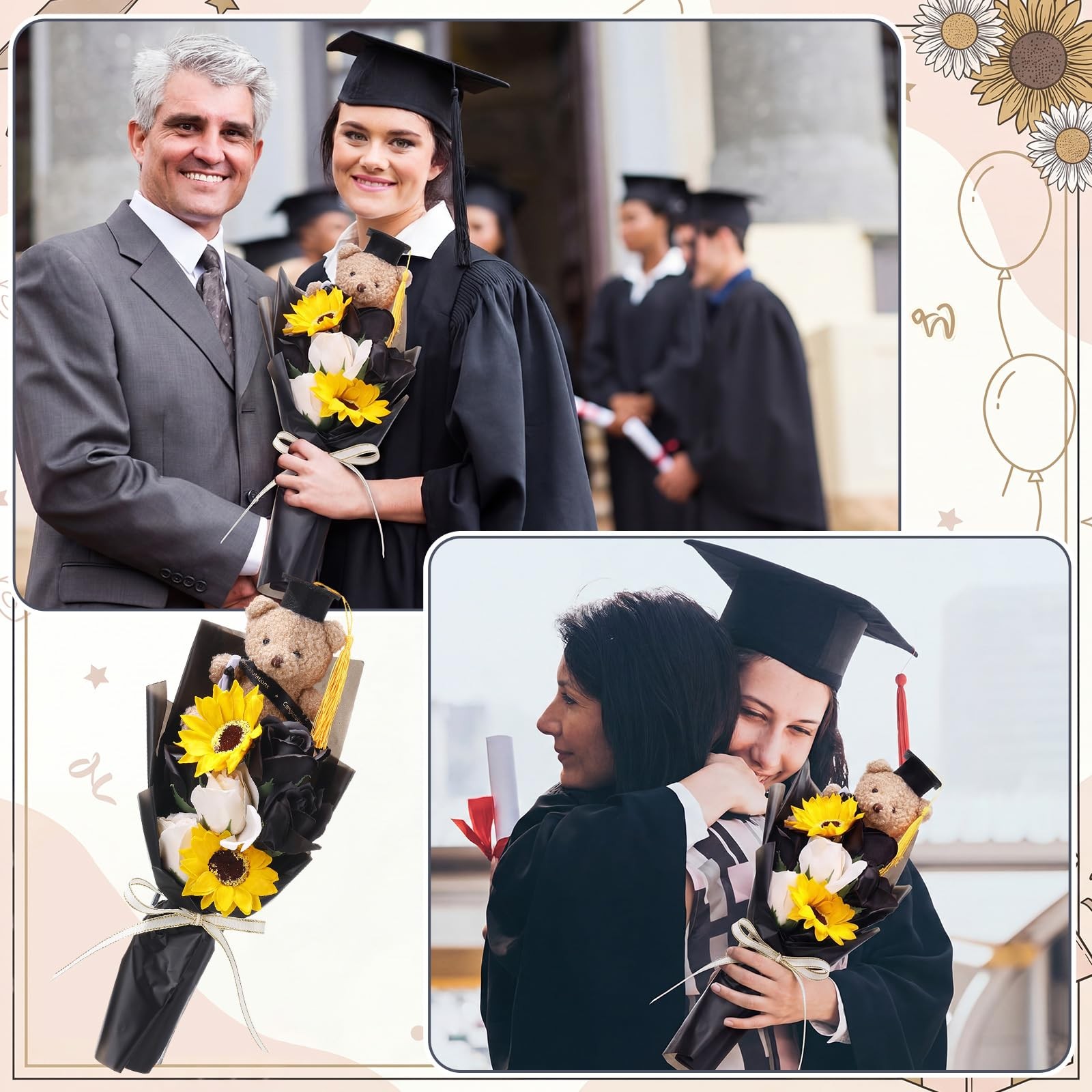 13″ 2026 Graduation Bear Bouquet Rose Sunflower Scented Soap Flower Money Bou…