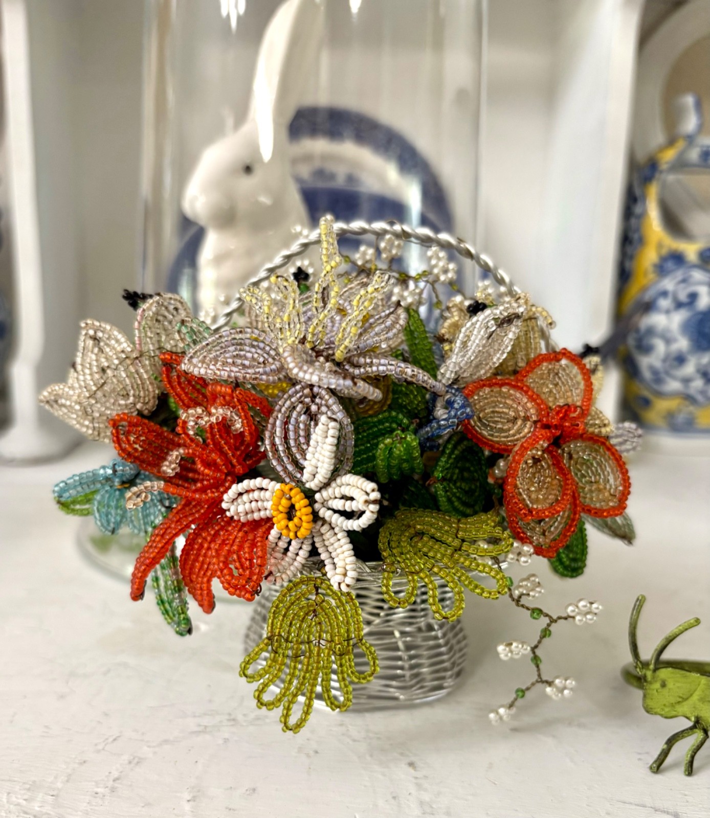 Vintage French Glass Beaded Flowers Bouquet handmade Silver plated wire basket