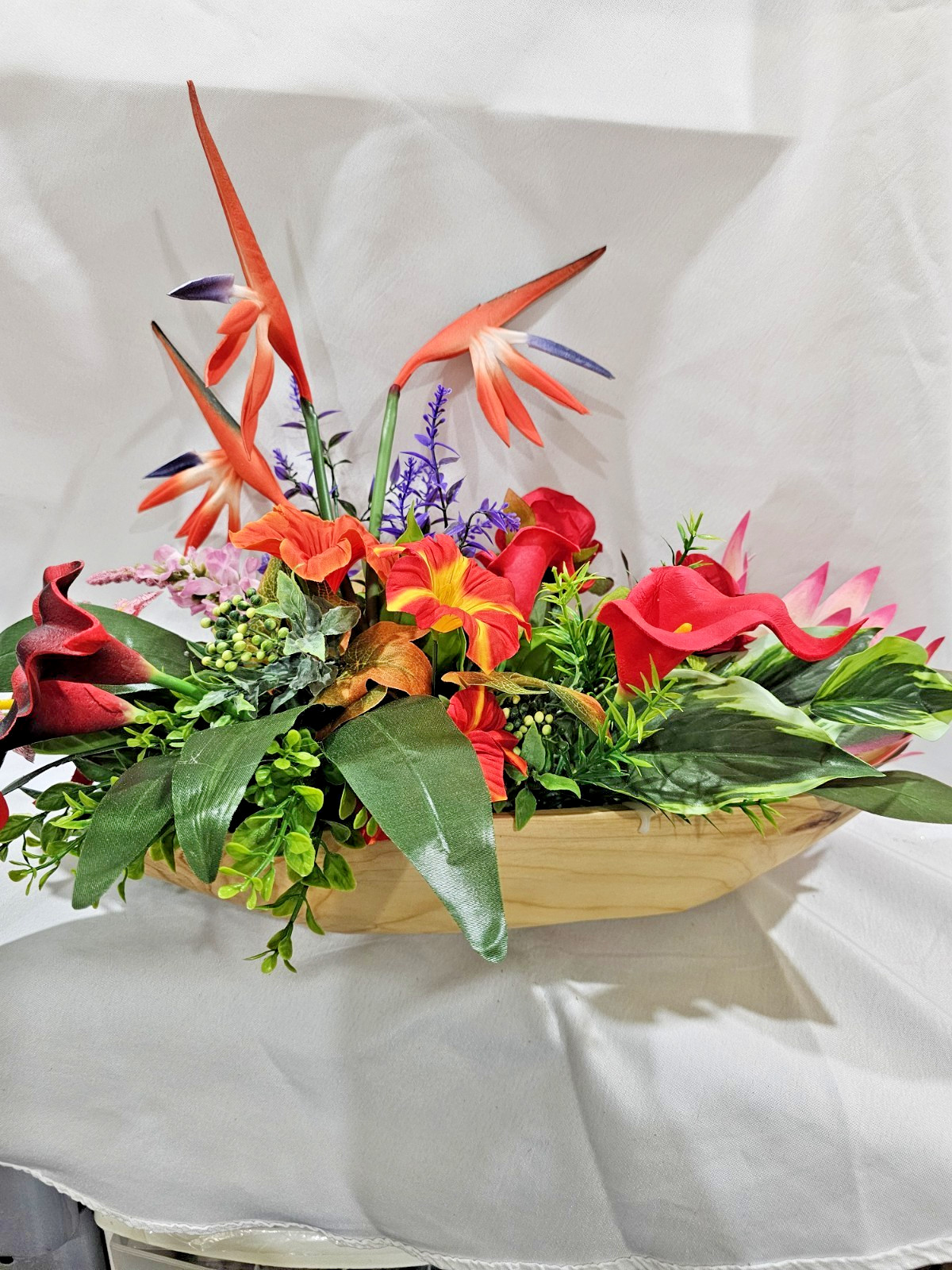 Bright Colors in this Artificial Tropical arrangement, Birds of Paradise etc.