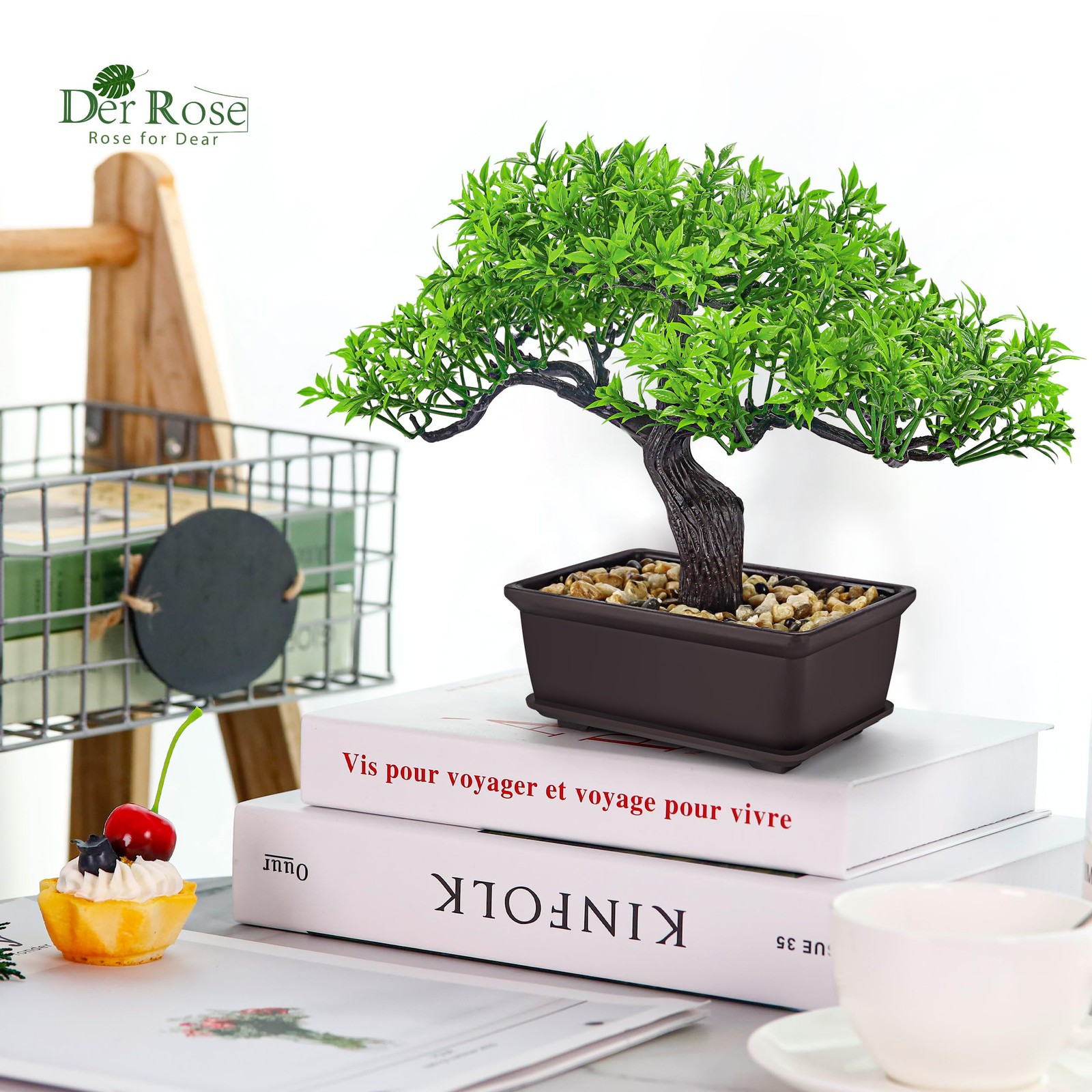 Der Rose Artificial Bonsai Tree 8 Inch Zen Fake Plant Modern 8in, Green-ficus