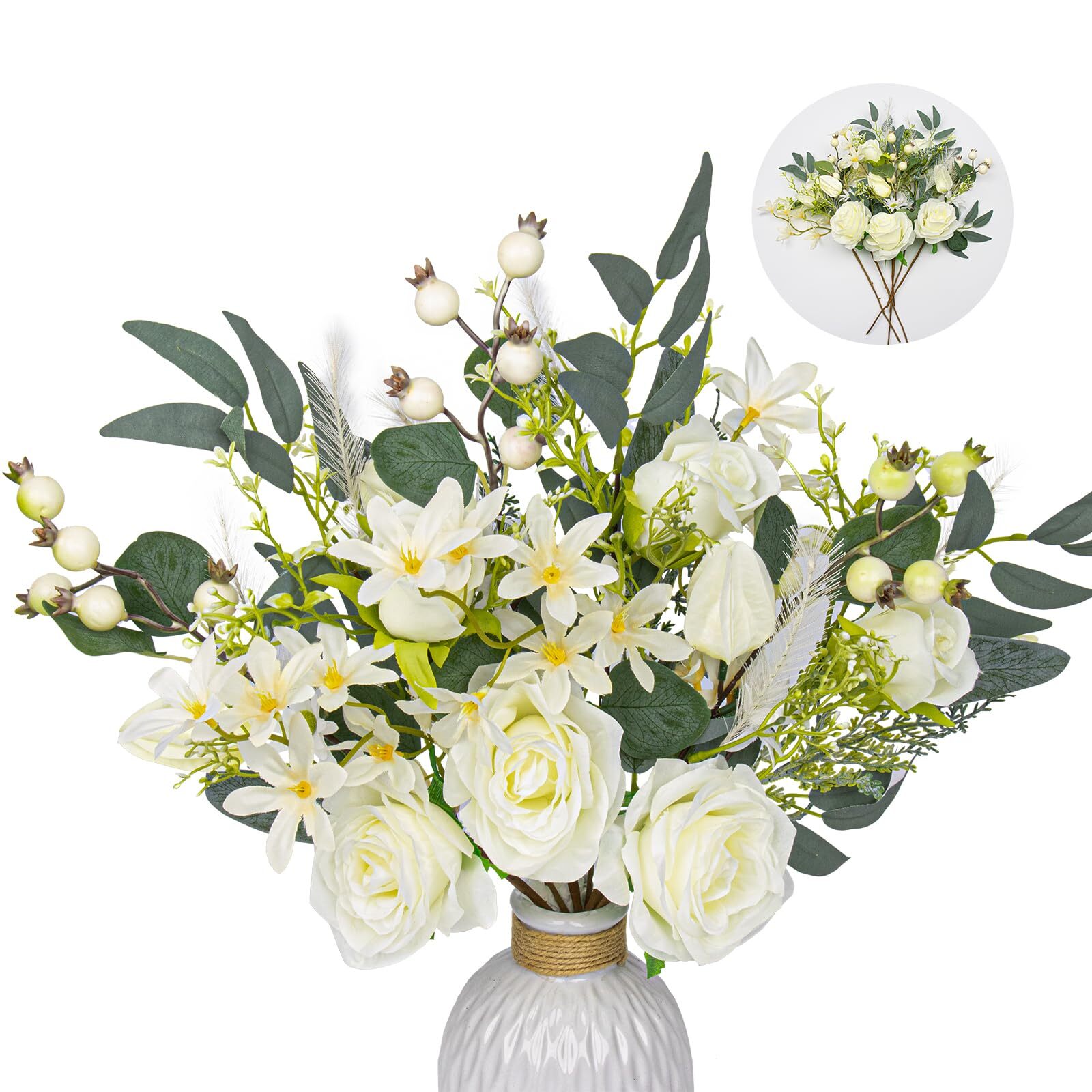 Silk Flower Bouquet, 6 Stems, Rose & Berries, Home Decor (White)