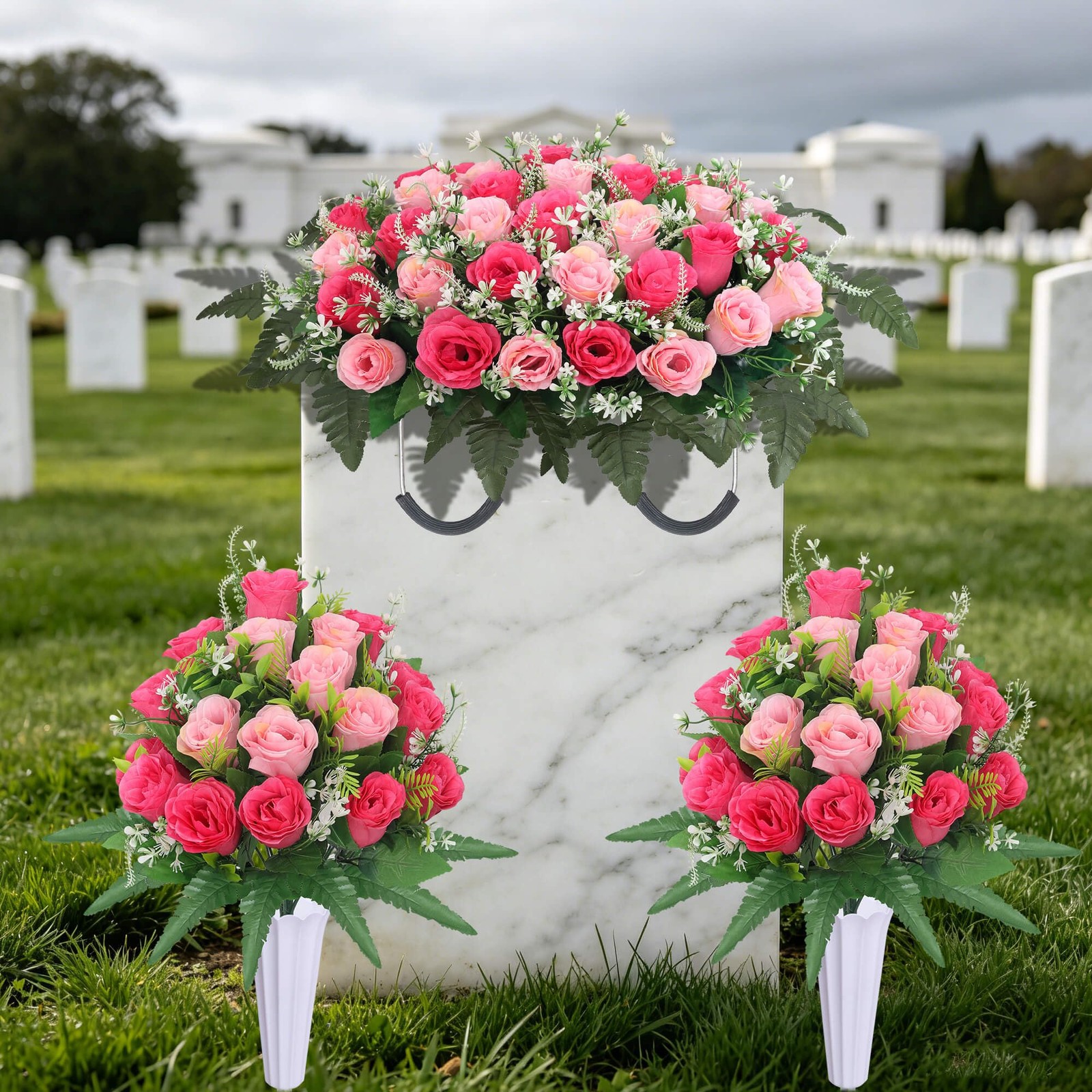 Lodou 3 Sets Cemetery Flowers for Grave,Headstone Flower Saddle,Grave Memorial F