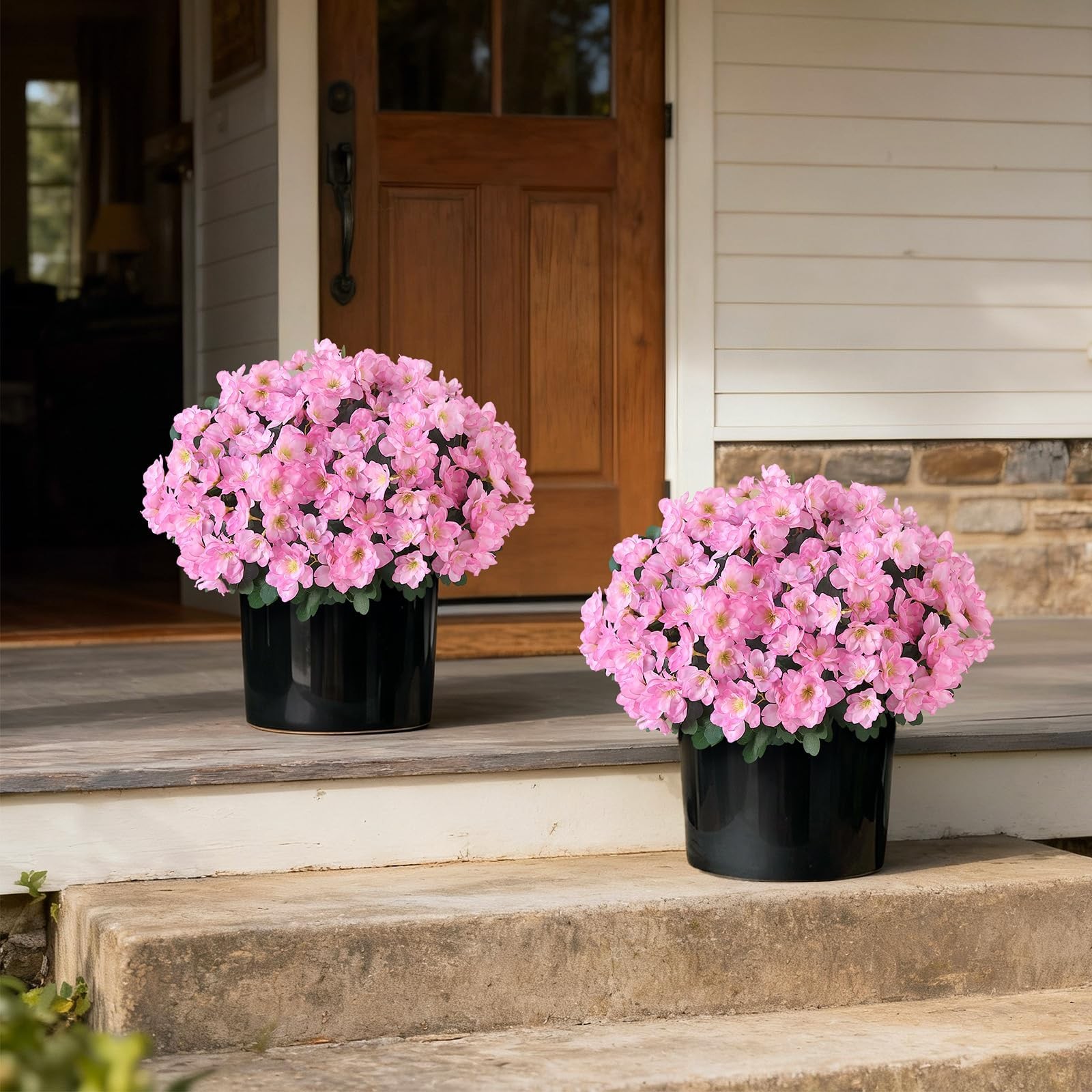 Set of 2 Artificial Azalea Flower Topiary Trees – Fake Silk Flower Potted Pla…