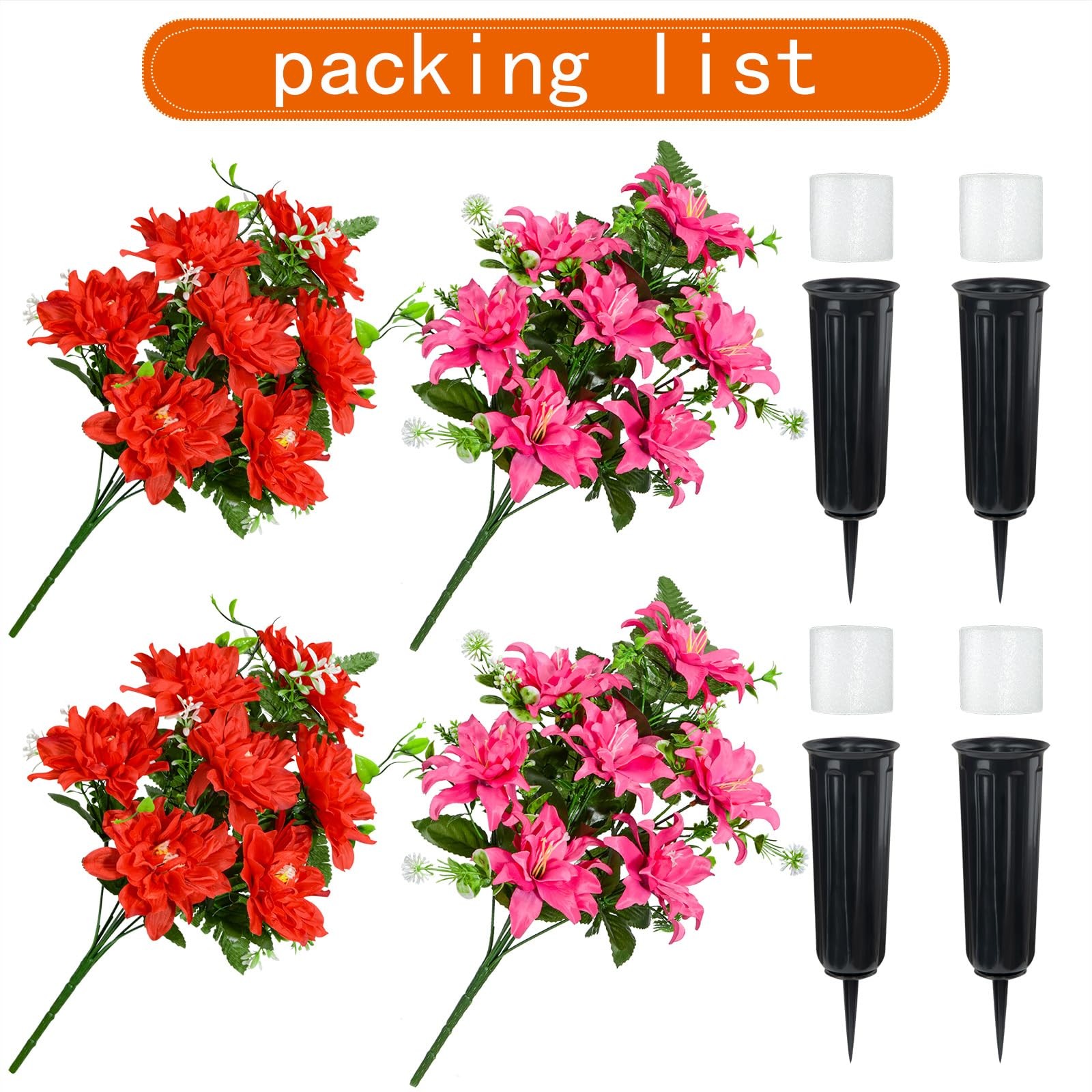 4 PCS Red 7 Head Artificial Cemetery Flower Memorial Graveside Decor Vase