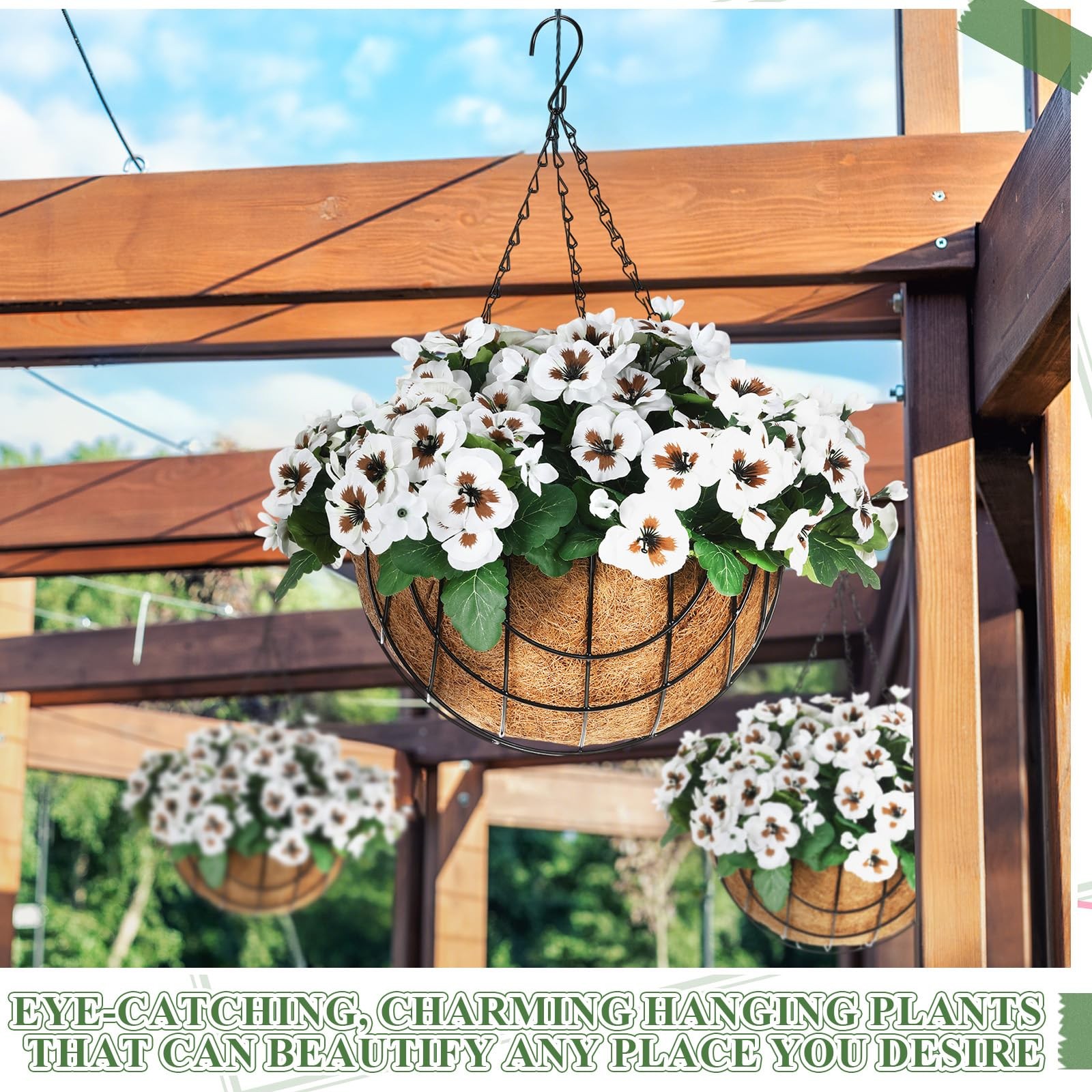Canlierr 2 Set Artificial Hanging Pansy Flowers with Baskets UV Resistant Fau…