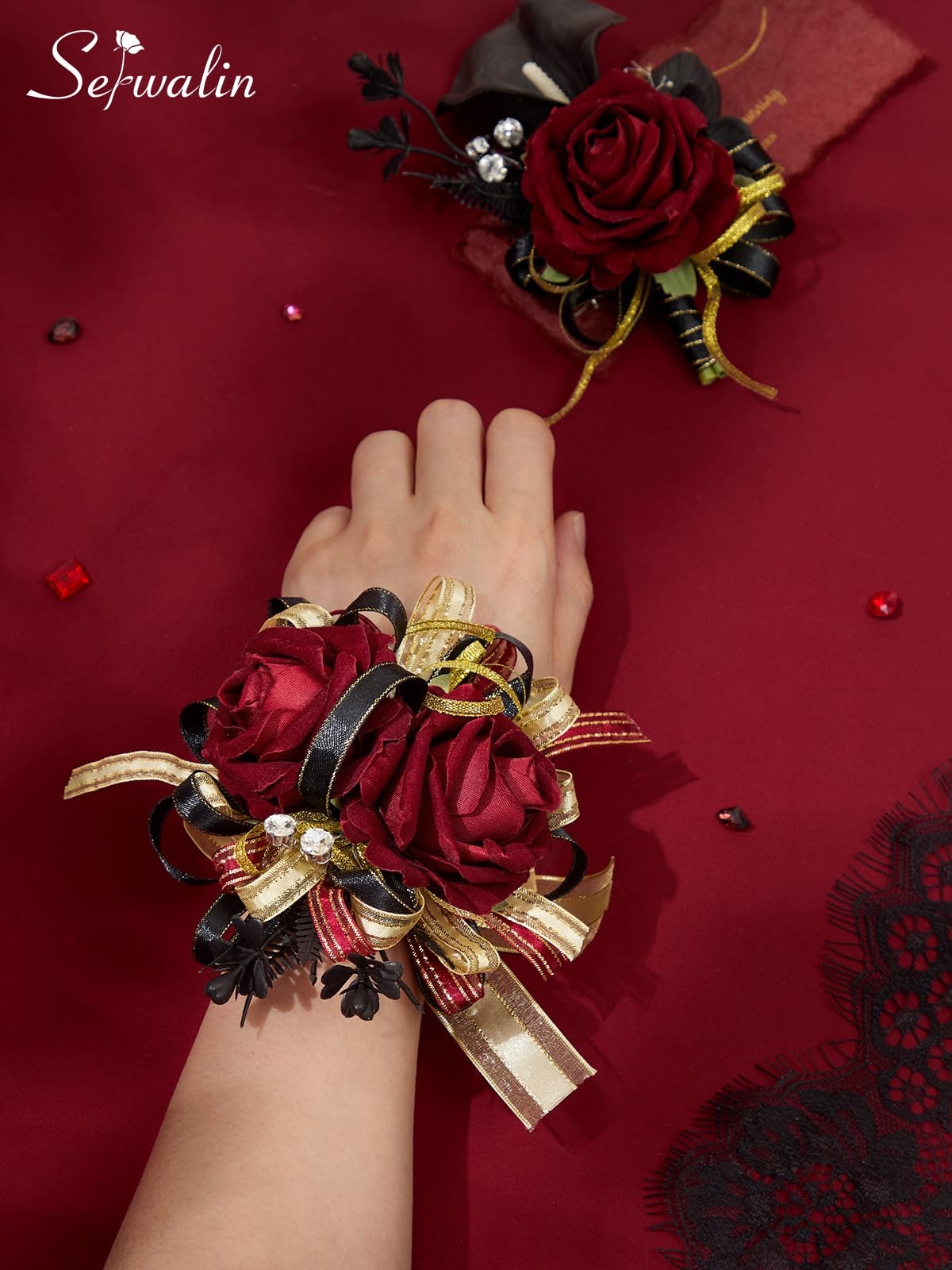 Burgundy Prom Corsage and Boutonniere Set, Artificial Calla Lily Red Rose Wri…