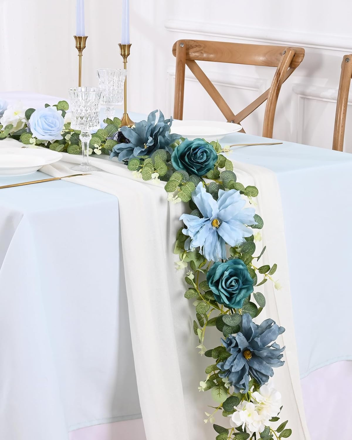 6.07Ft Artificial Eucalyptus Garland with Flowers – Wedding Table Decorations, F