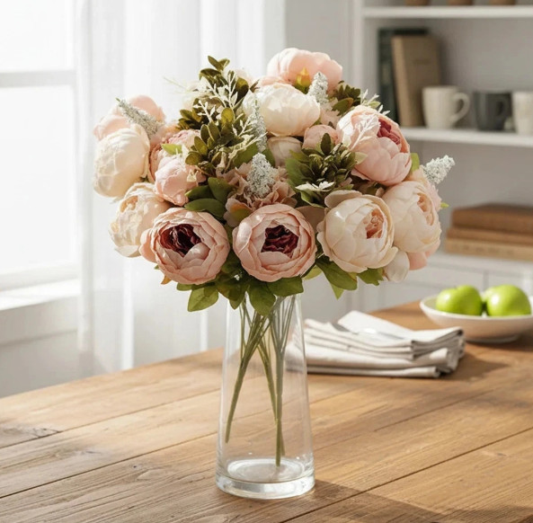A bouquet of European-style faux peony silk flowers for home decor