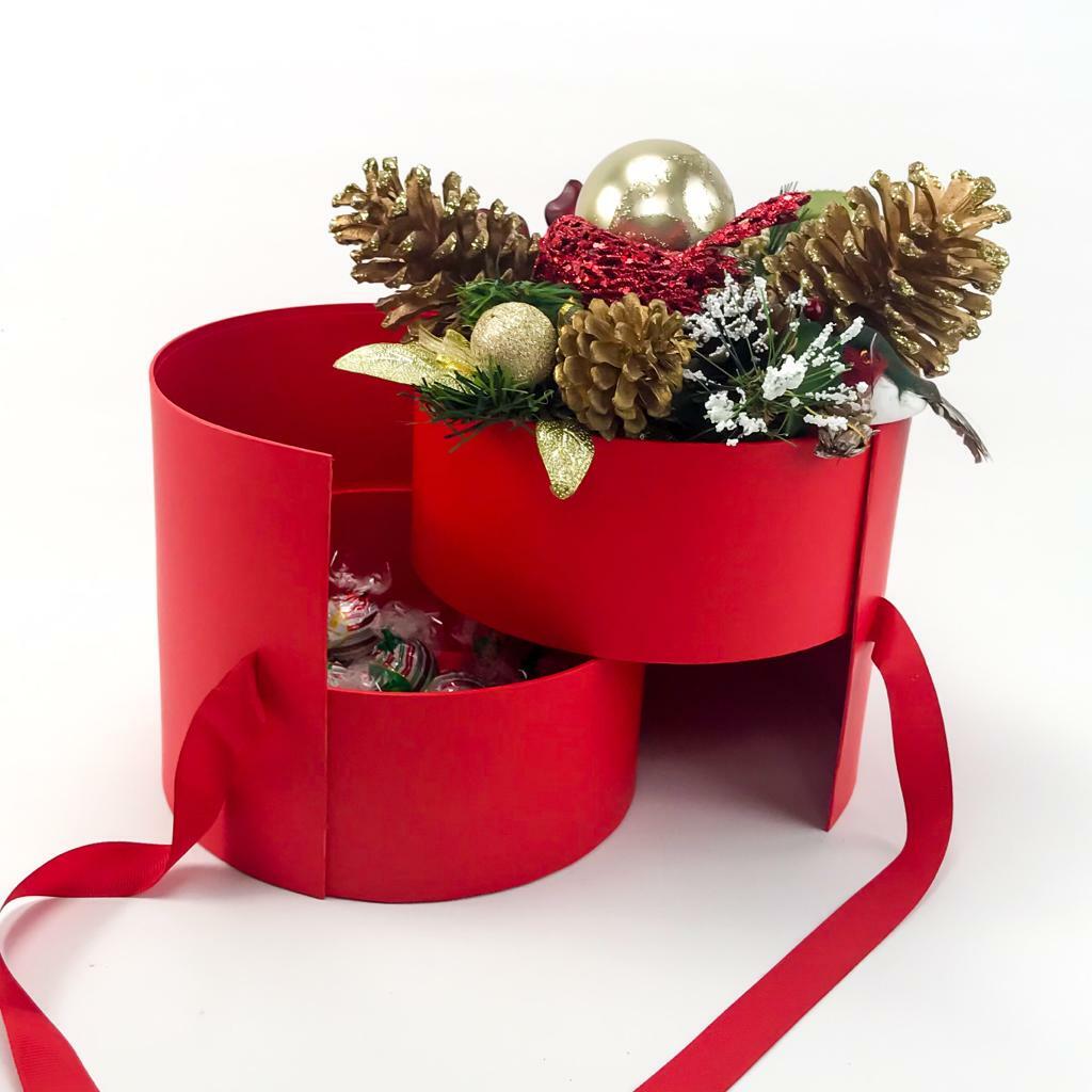 Premium Quality Round Shape Flower Box, Floral Gift Box, 2 Tier, with Lid, Red