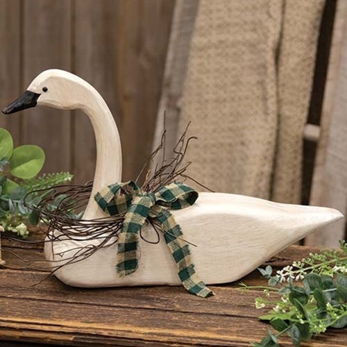 New Primitive Duck Goose SWAN WITH TWIG WREATH Statue Antique White 15″