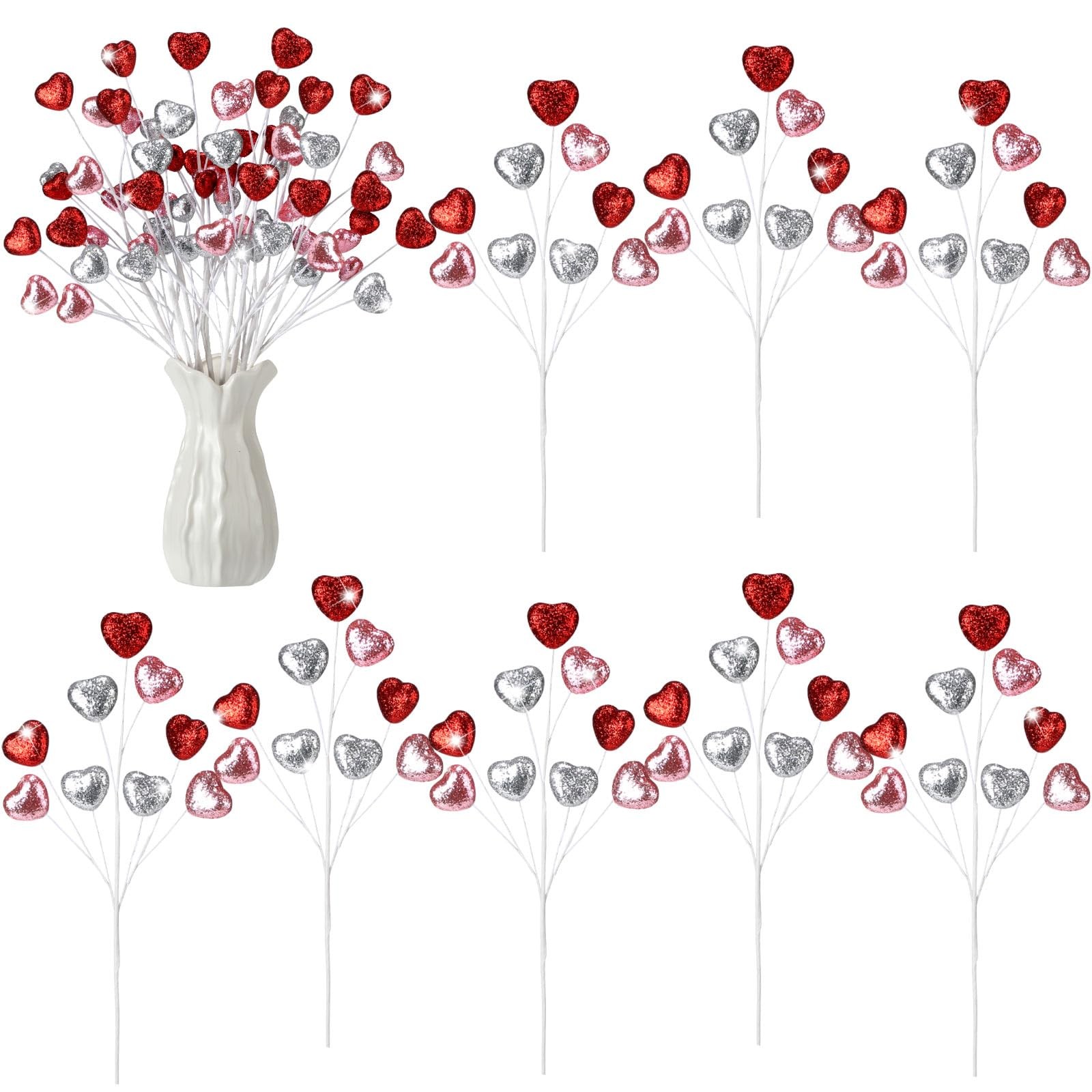 8 Pcs Valentine’s Day Heart Picks 16.5 Inch Glitter Foam Hearts Picks Red Pin…