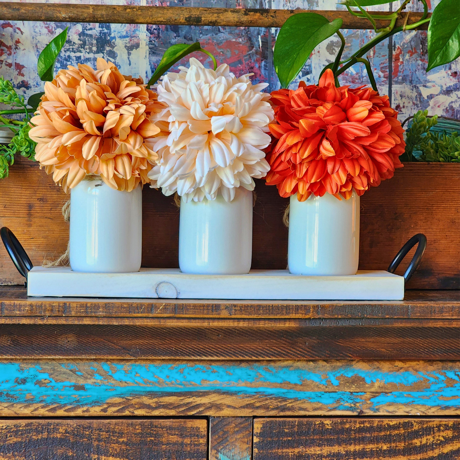 Fall Dahlia Floral Centerpiece – Vase Trio on Wood Tray – Farmhouse Table Decor