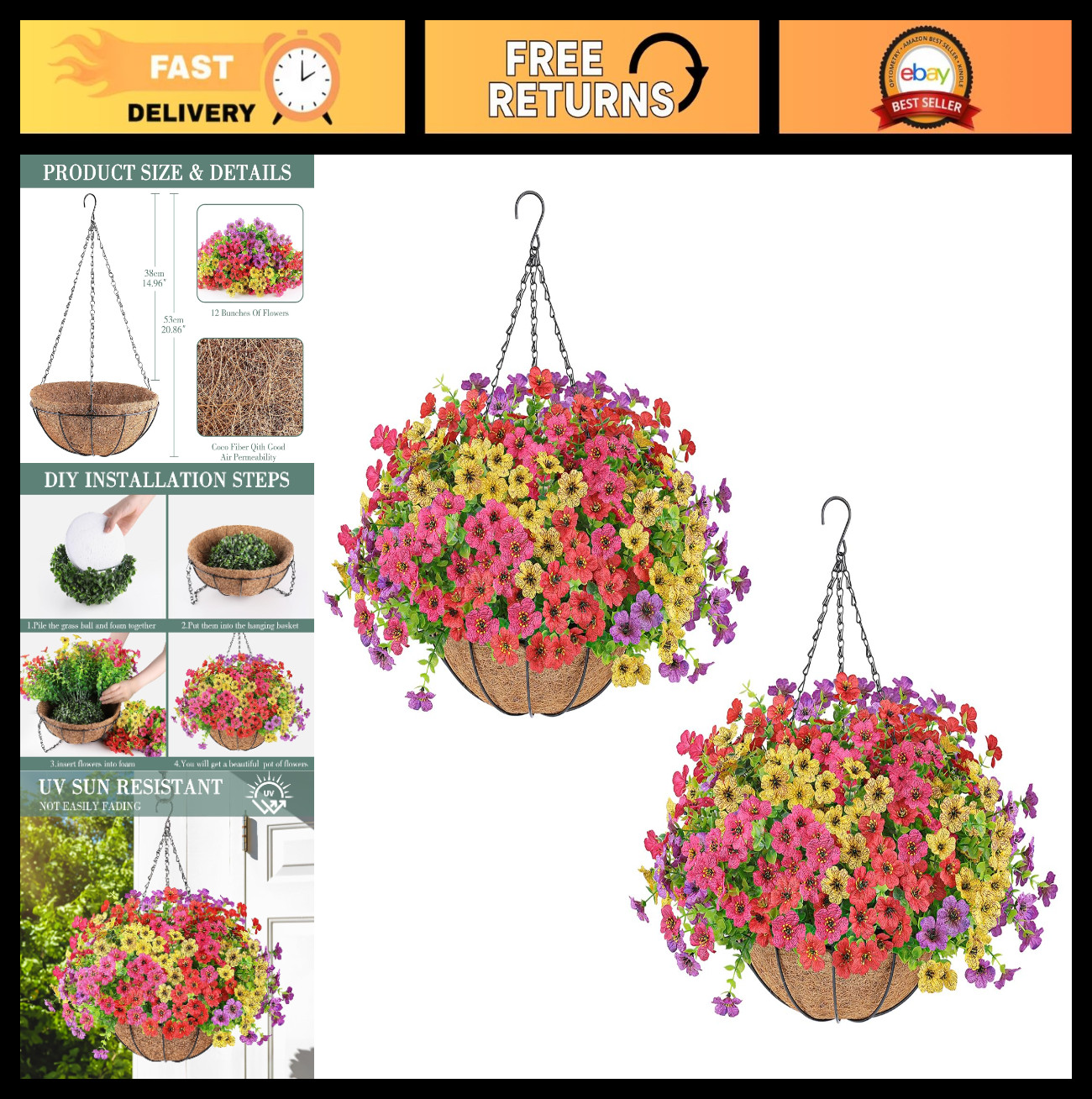 2 Set UV Resistant Artificial Hanging Flowers & Baskets for Outdoor Decor, Reali
