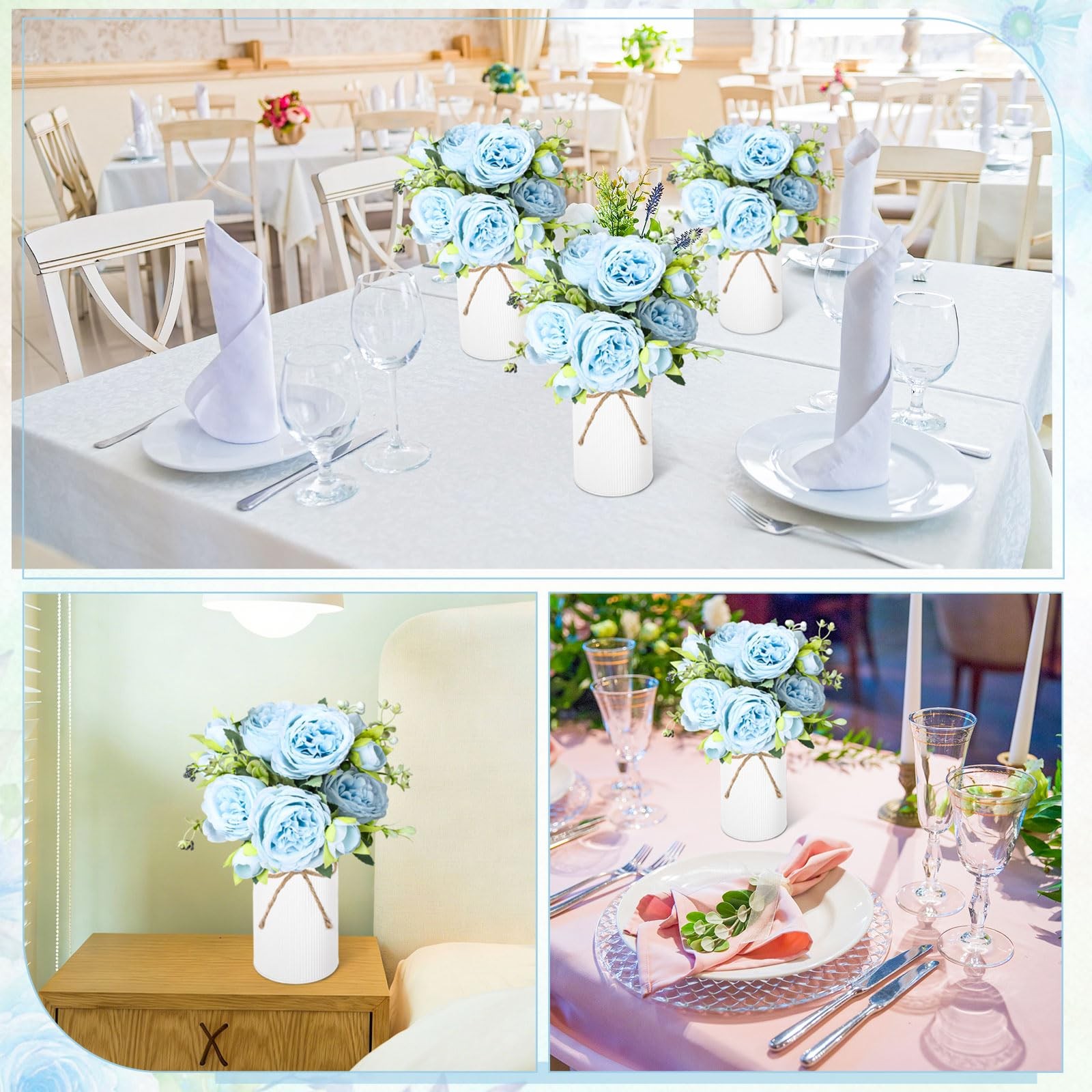 Light Blue Wedding Floral Centerpiece Artificial Peonies Bouquet 6 Sets