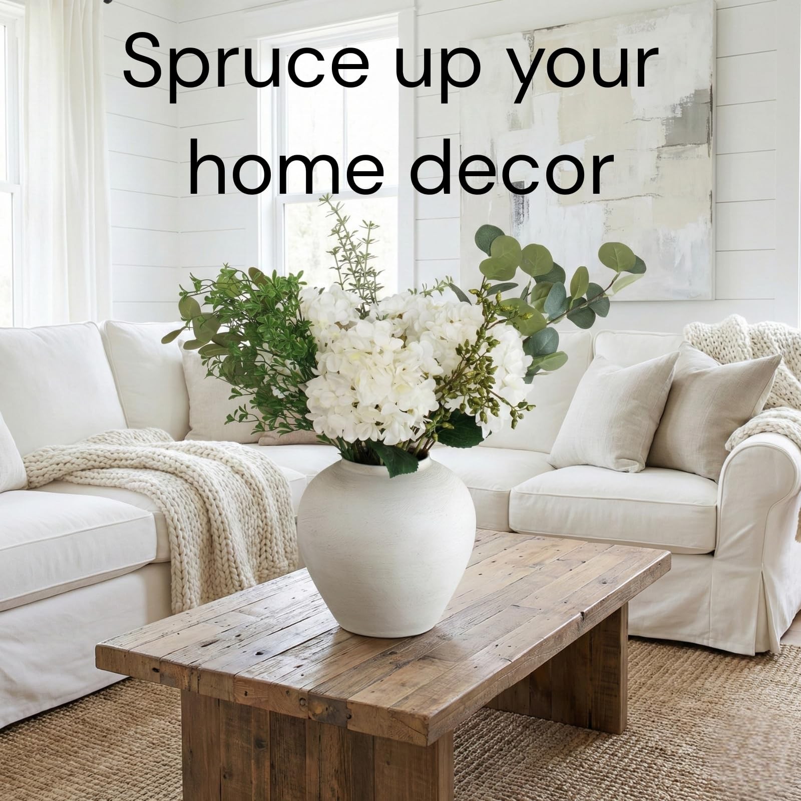 Faux Arrangement – Eucalyptus & White Hydrangea Flowers, Large Artificial Flo…