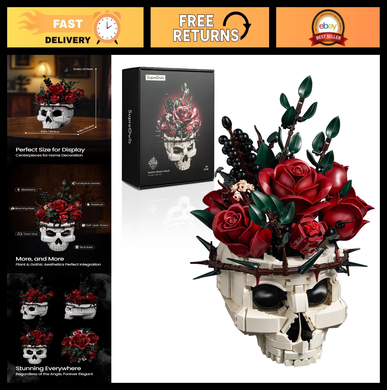 Skull Roses Flower Bouquet Building Set – Gothic Floral Kit for Home Decor, Gift