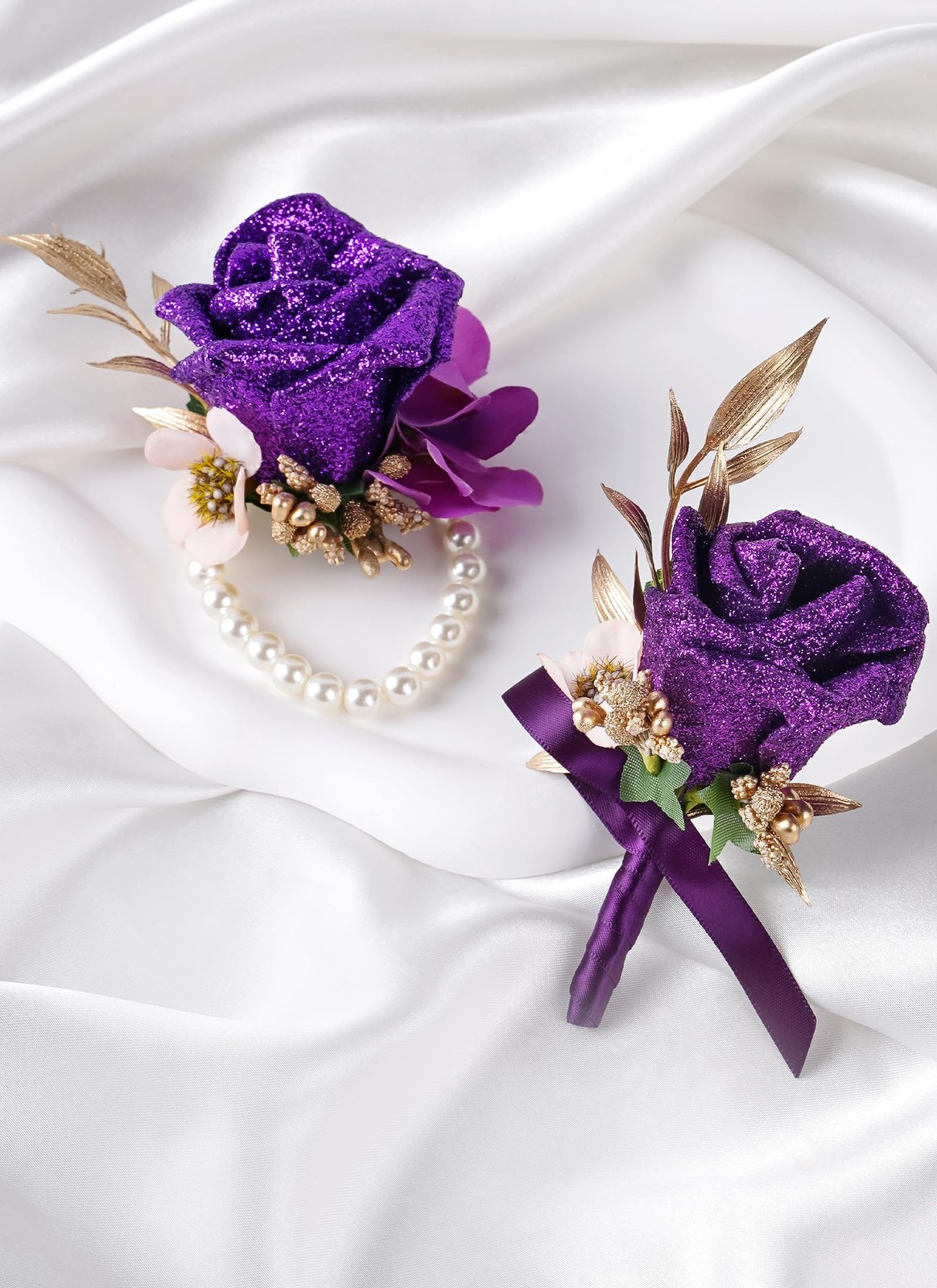 Purple Rose Boutonniere and Corsage Set – 2 Pcs Artificial Flowers Wrist Cors…