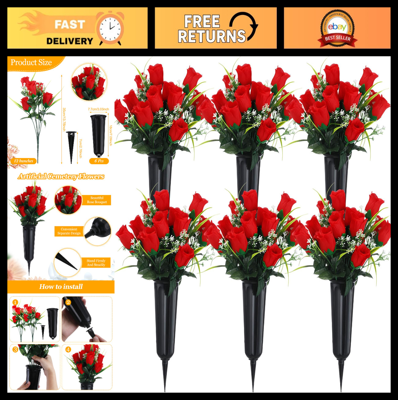 6 Sets Memorial Day Cemetery Flowers with Grave Vase – 12 Bunches Artificial Ros