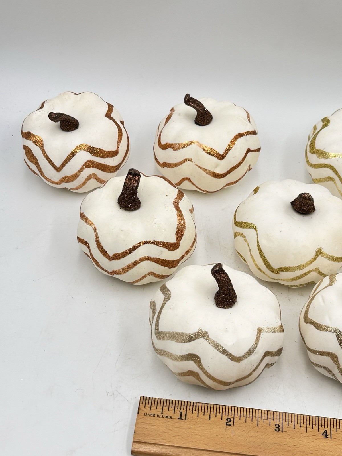 Artificial Faux Pumpkins, 8 PCS White Lifelike Zig Zag Gold/Bronze Paint Glitter