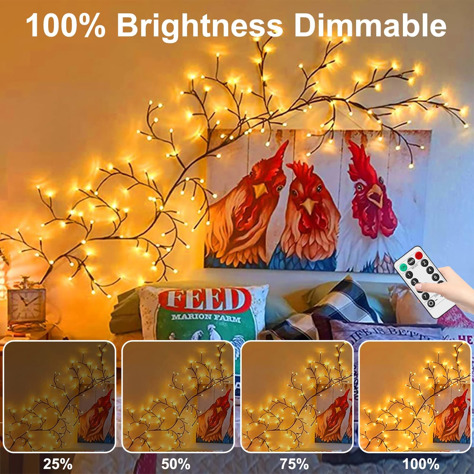 Lighted Willow Vine Lights 7.5Ft 144 LED Remote Christmas Swags Wall Decor