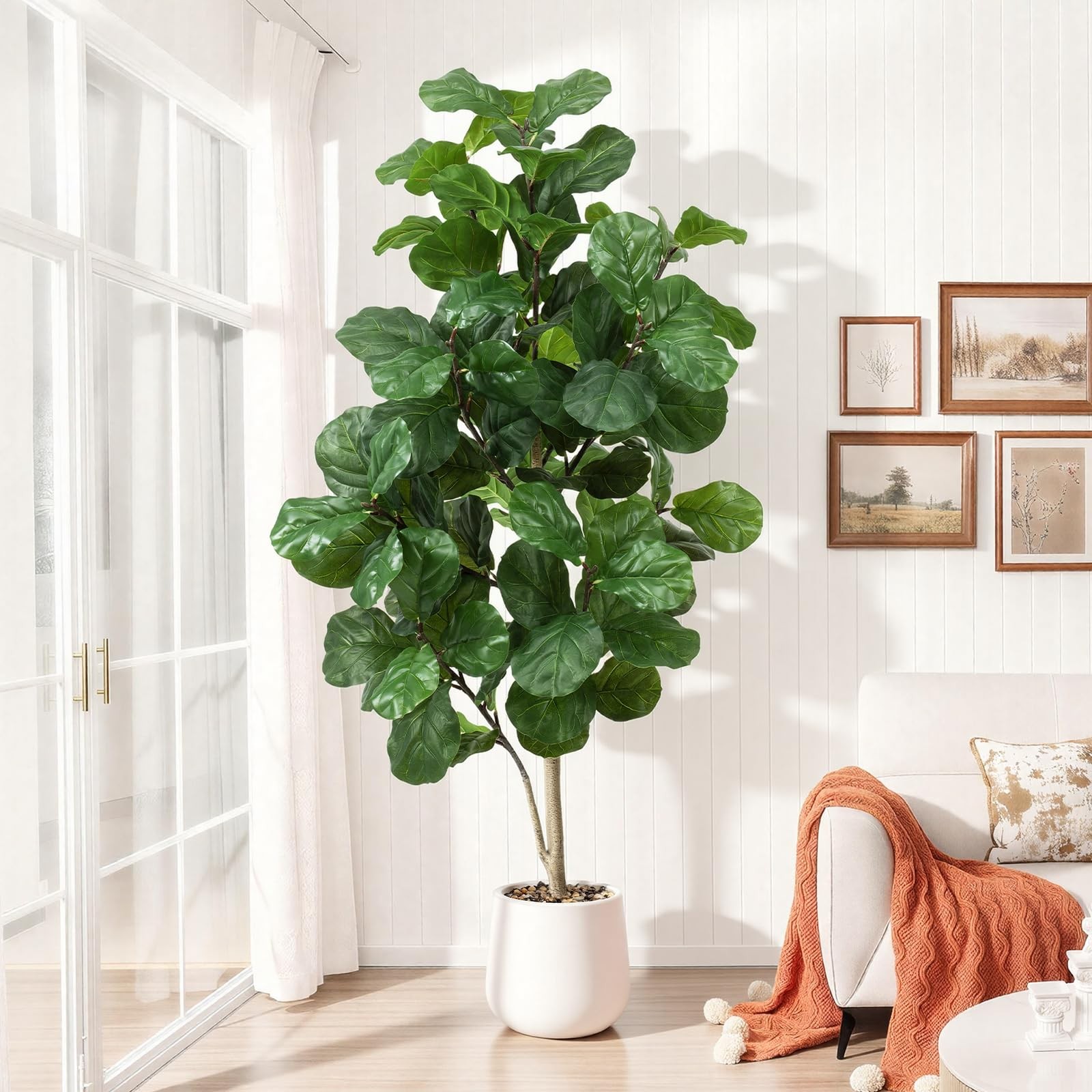Faux Fiddle Leaf Fig Tree 6ft Tall Indoor Fake Tree in White Pot with 106 Lea…