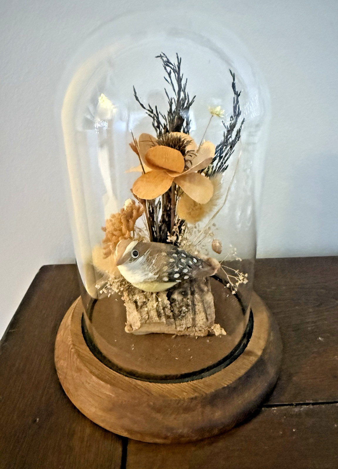 Vintage Hand Made Dried Floral & Bird Diorama / Terrarium Glass Dome Display