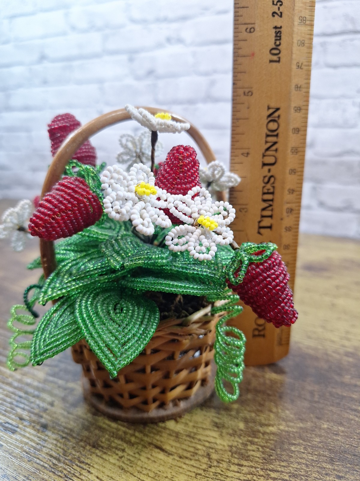 Vintage French Glass Beaded Flower Bouquet Basket Colorful Arrangements